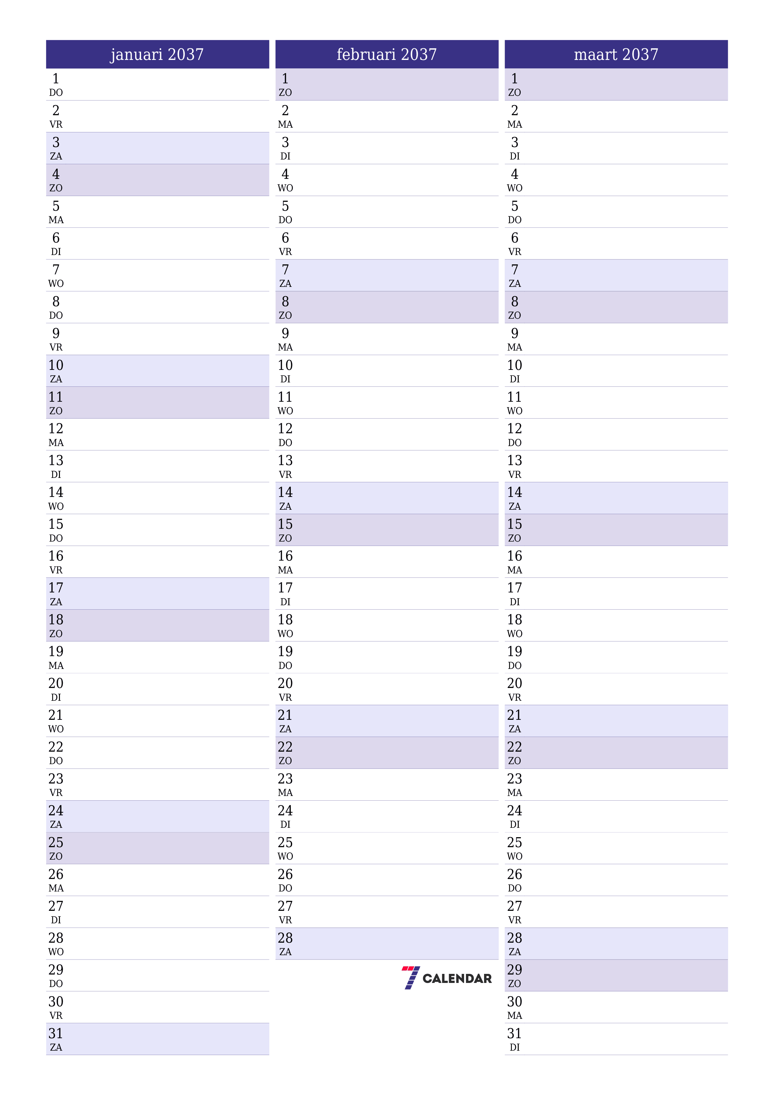 afdrukbare muur sjabloon gratis verticaal Maandelijks planner kalender januari (jan) 2037