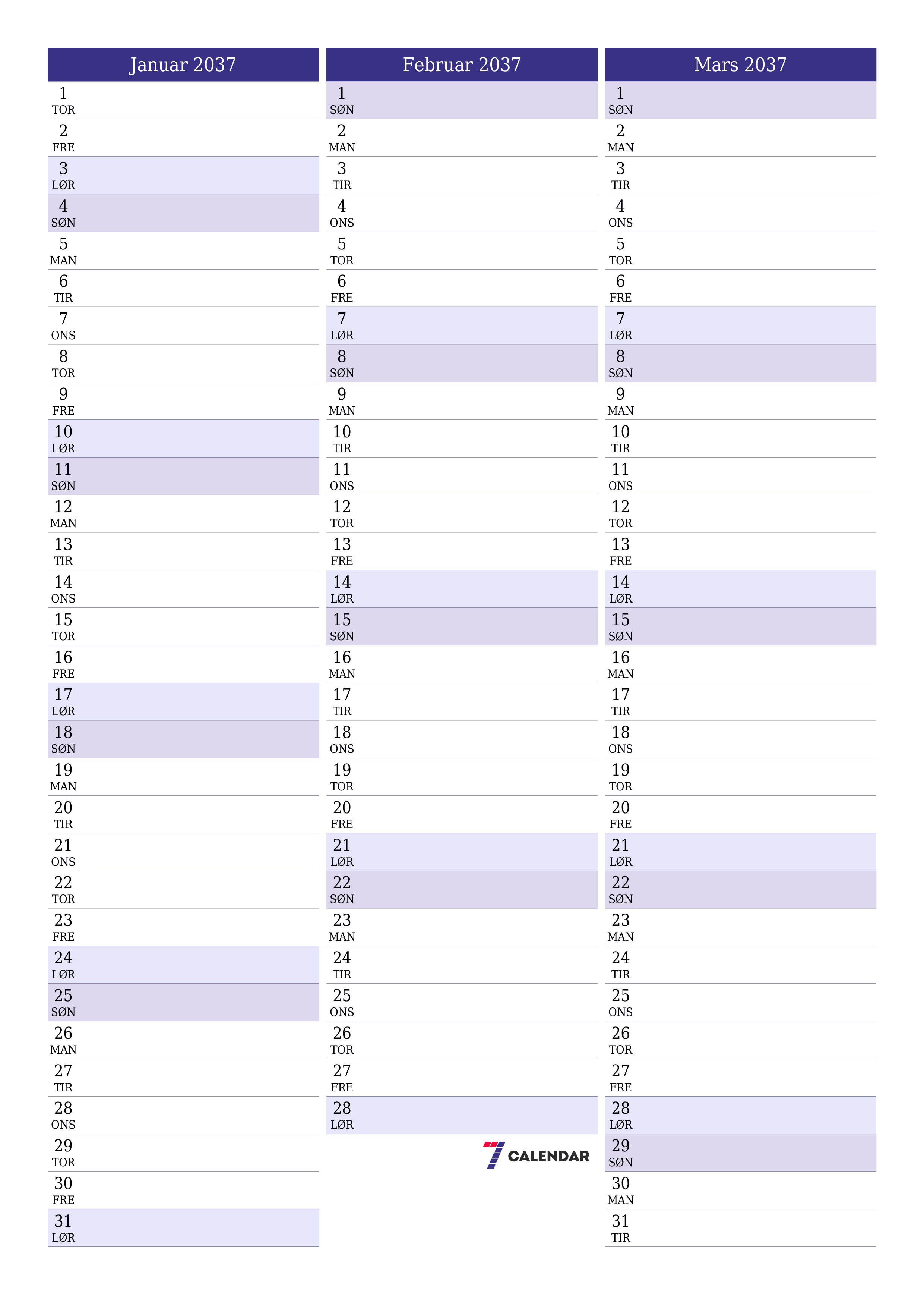 utskrivbar vegg mal gratis vertikal Månedlig planlegger kalender Januar (Jan) 2037