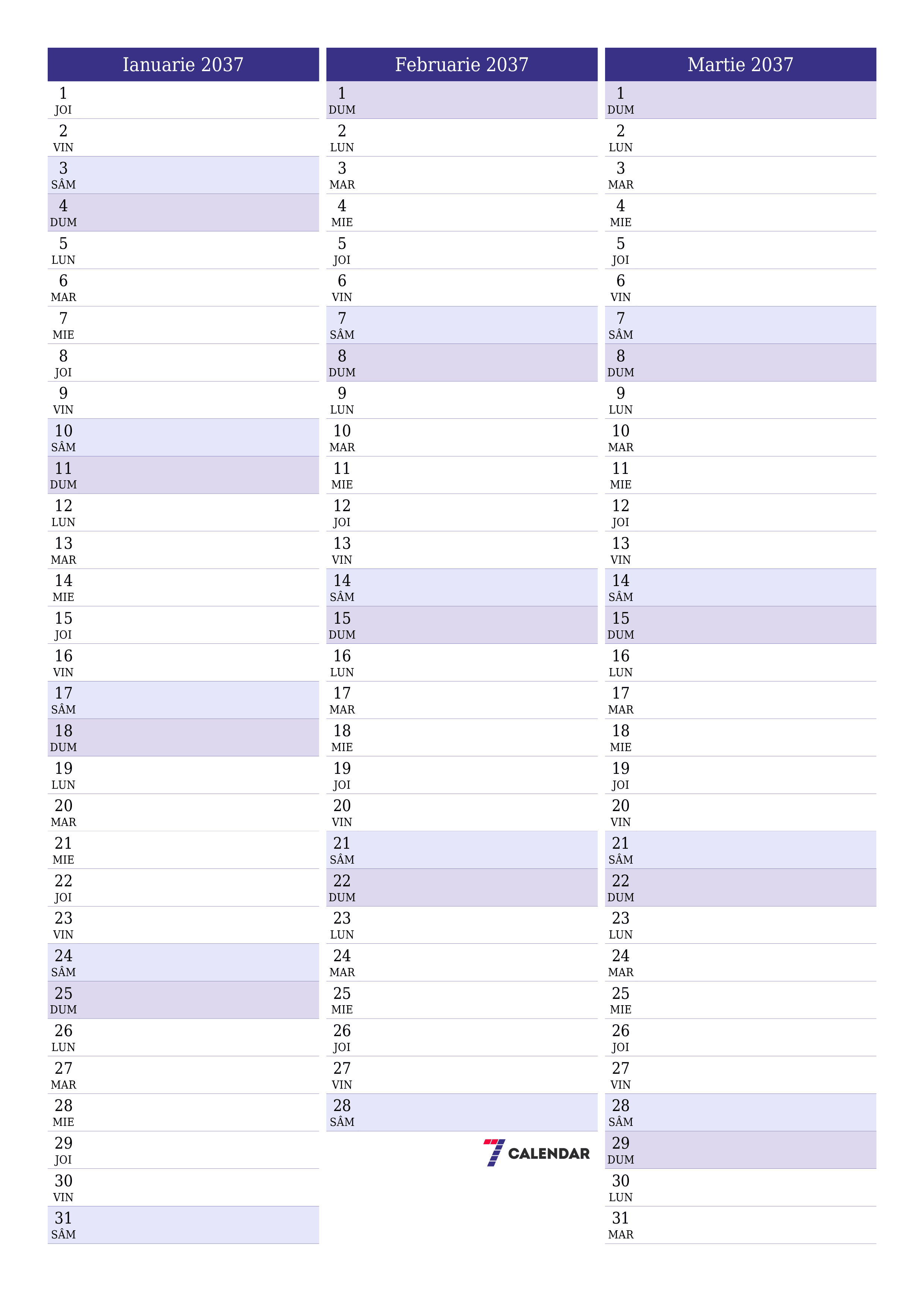  imprimabil de perete șablon de gratuitvertical Lunar planificator calendar Ianuarie (Ian) 2037