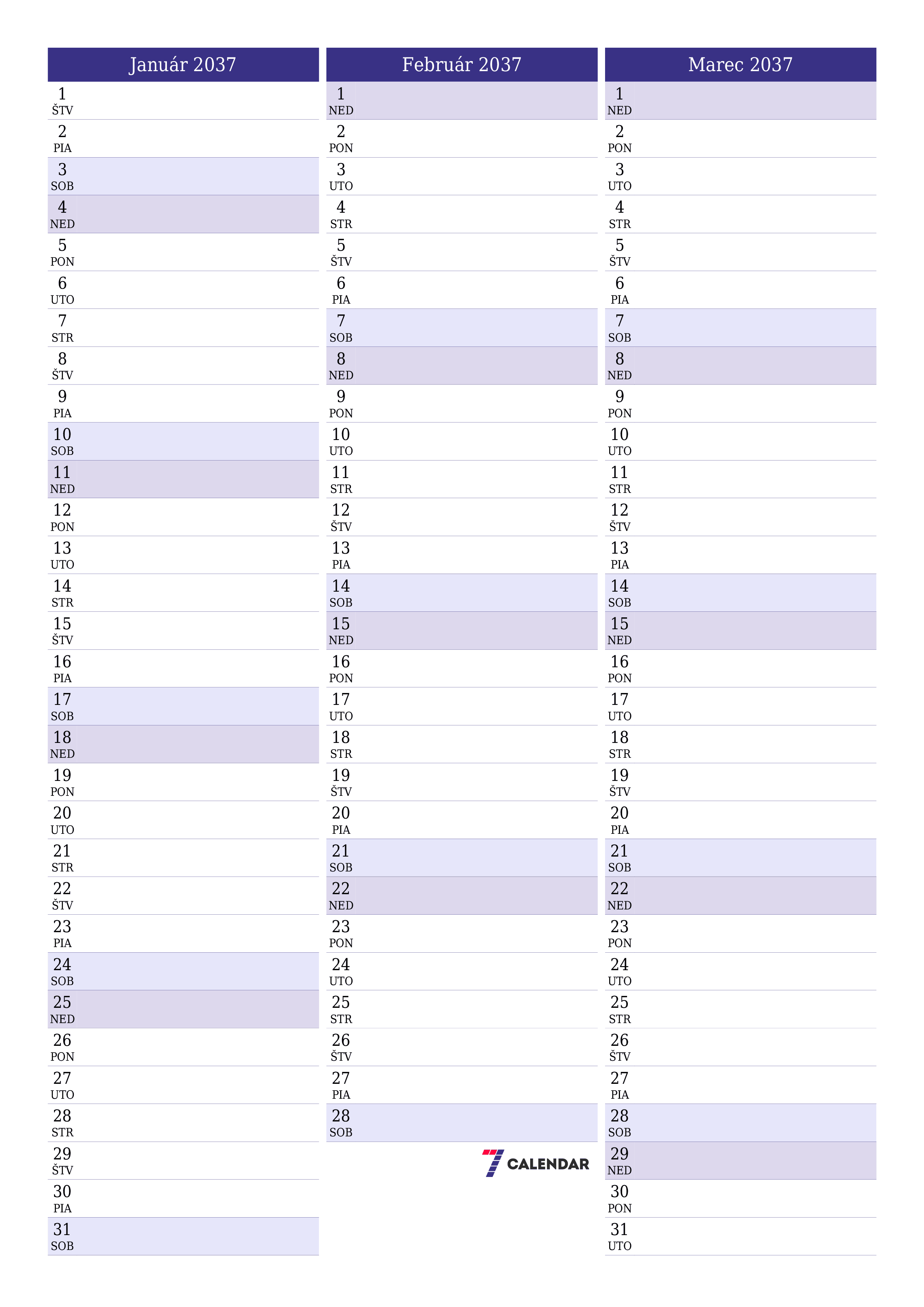vytlačiteľný nástenný šablóna a bezplatný вертикальный Mesačne plánovač kalendár Január (Jan) 2037