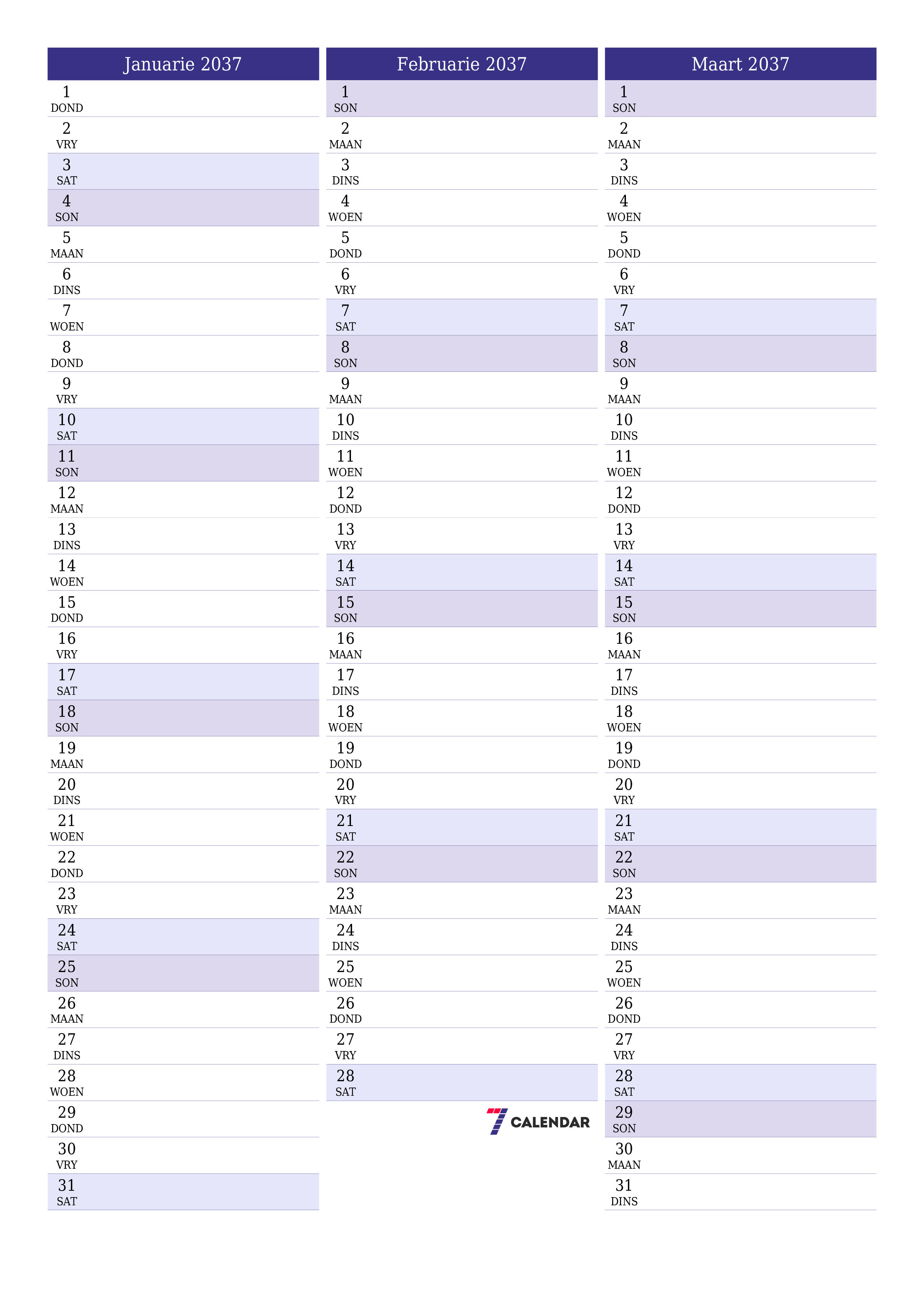 drukbare muur template gratis vertikaal Maandeliks beplanner kalender Januarie (Jan) 2037