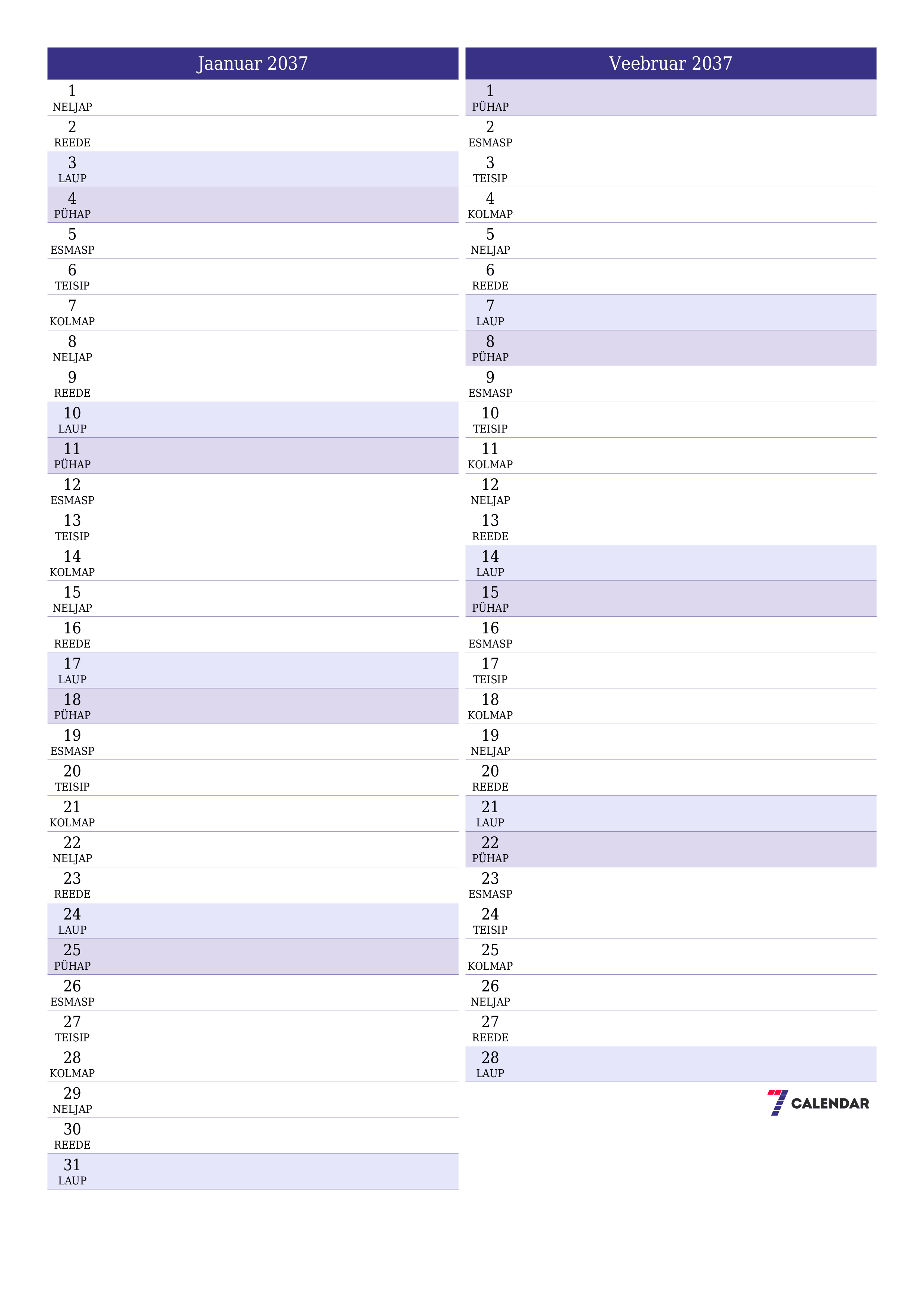 Tühjendage kuu Jaanuar 2037 kuuplaneerija märkmetega, salvestage ja printige PDF-i PNG Estonian