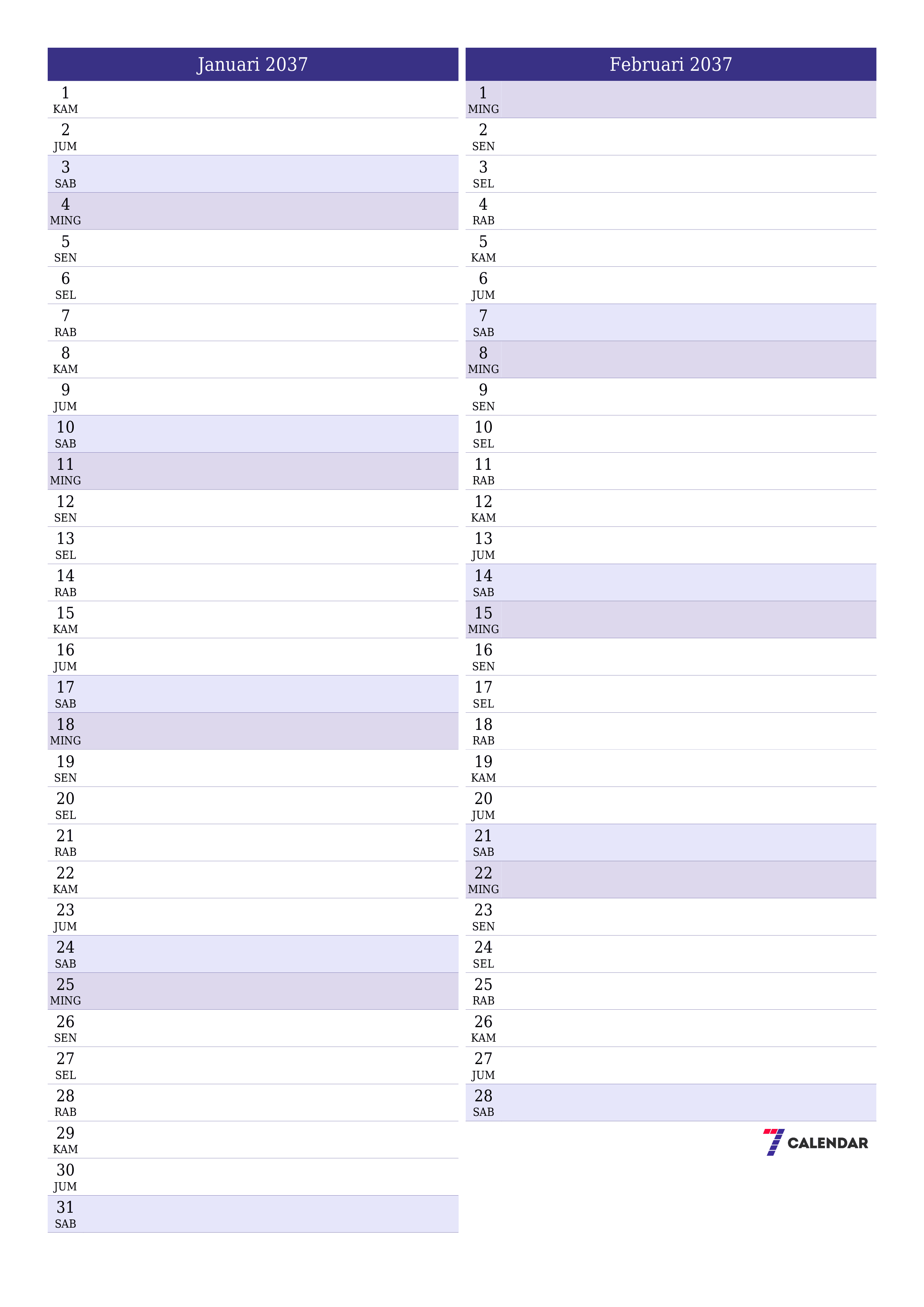  yang dapat dicetak dinding templat gratisvertikal Bulanan perencana kalender Januari (Jan) 2037
