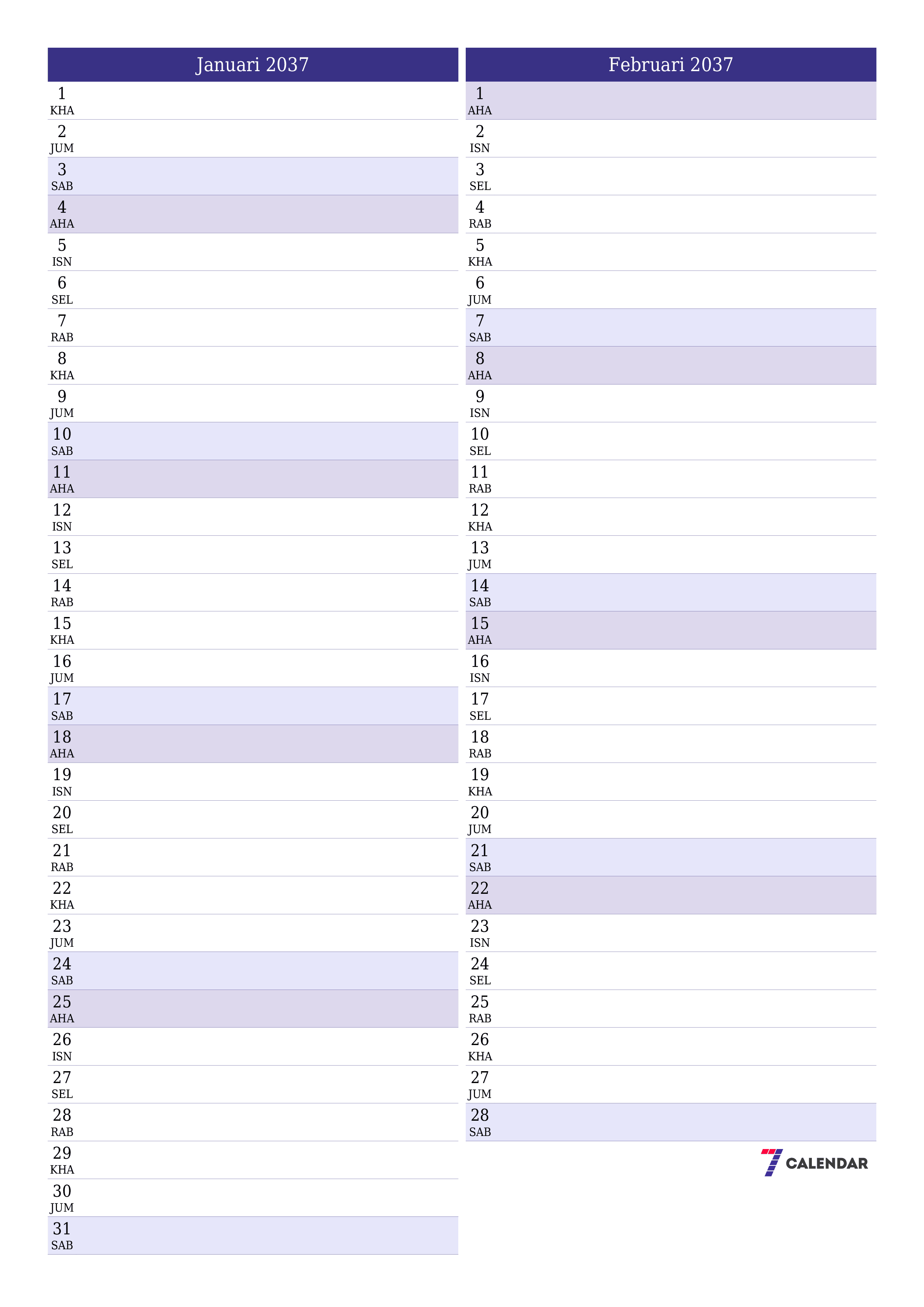 Perancang bulanan kosong untuk bulan Januari 2037 dengan nota, simpan dan cetak ke PDF PNG Malay