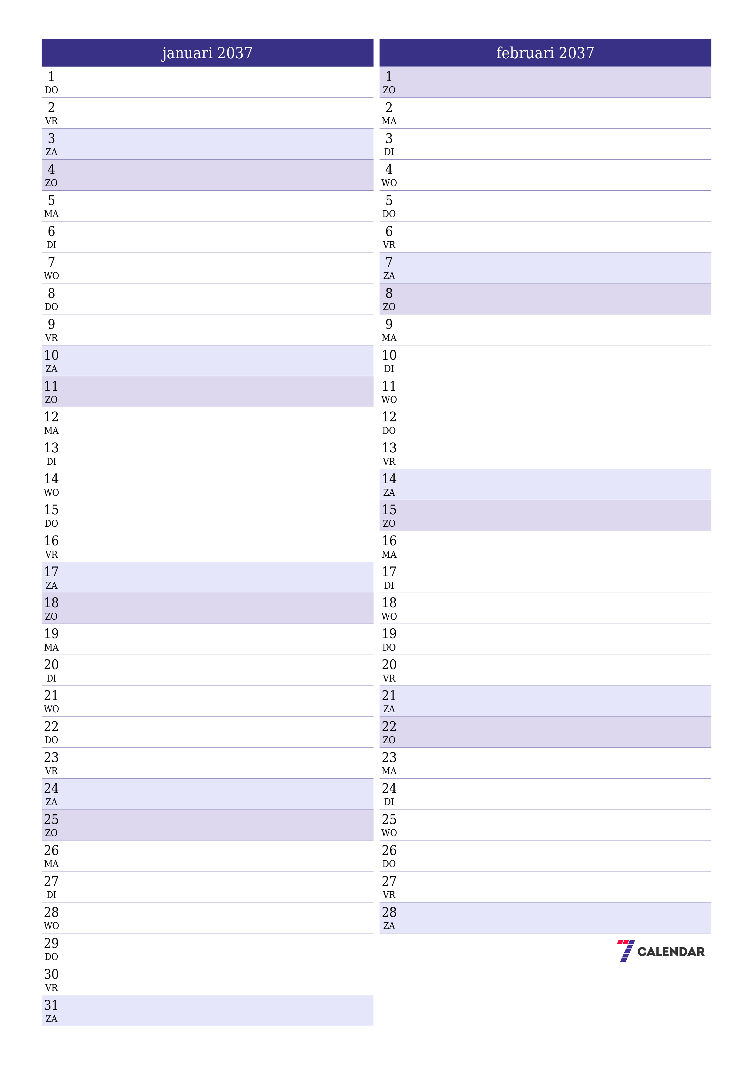 afdrukbare muur sjabloon gratis verticaal Maandelijks planner kalender januari (jan) 2037