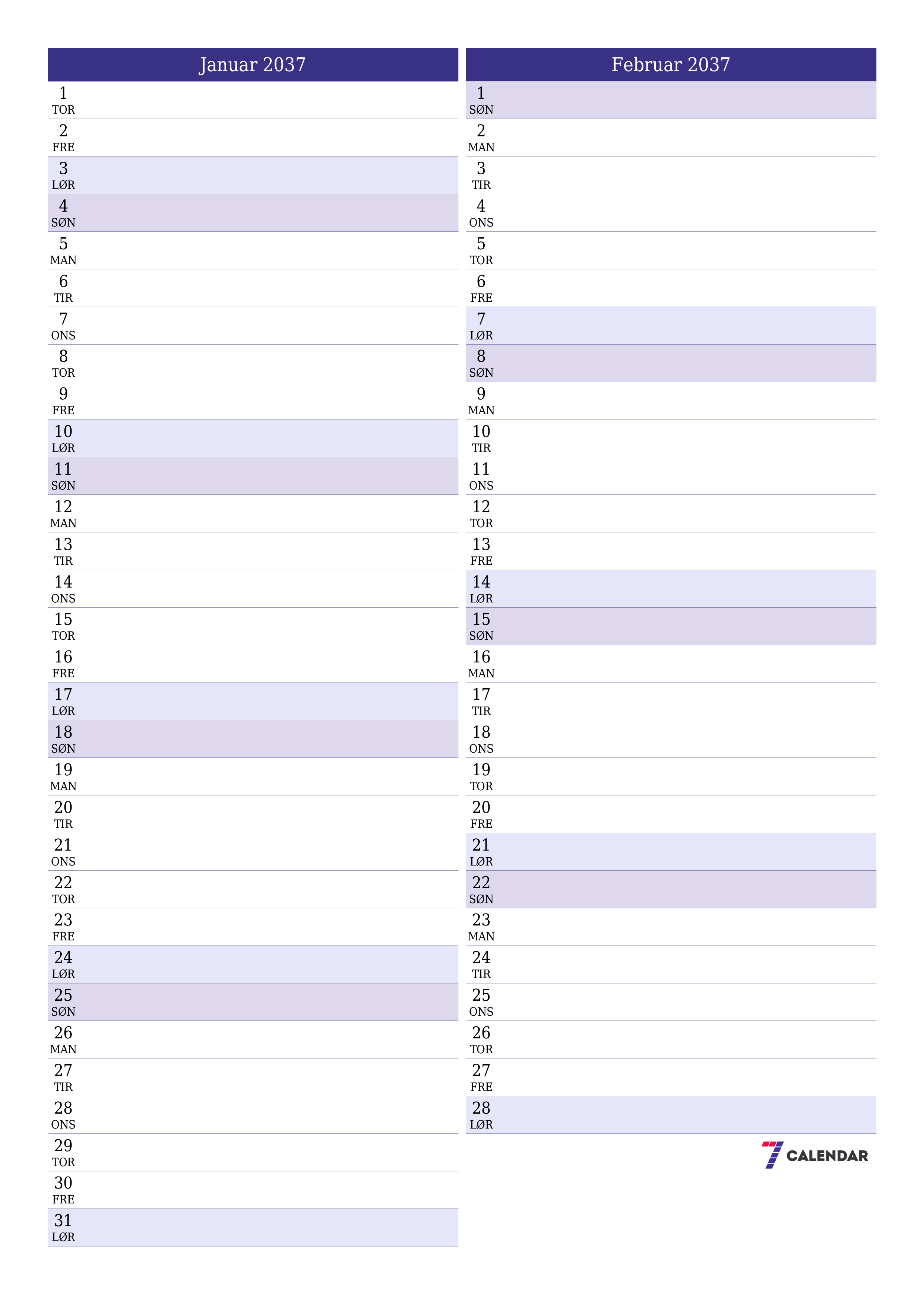 utskrivbar vegg mal gratis vertikal Månedlig planlegger kalender Januar (Jan) 2037