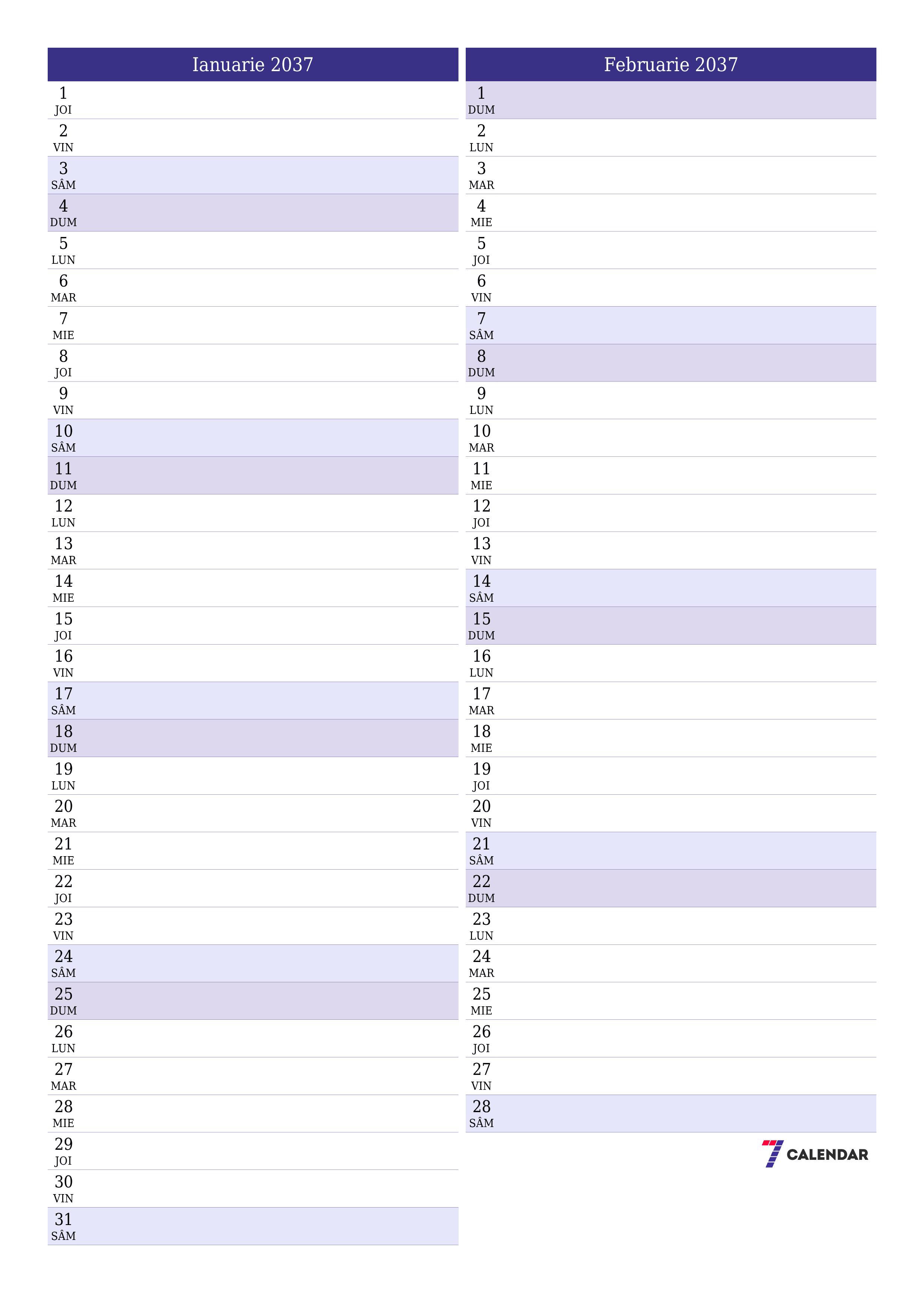  imprimabil de perete șablon de gratuitvertical Lunar planificator calendar Ianuarie (Ian) 2037