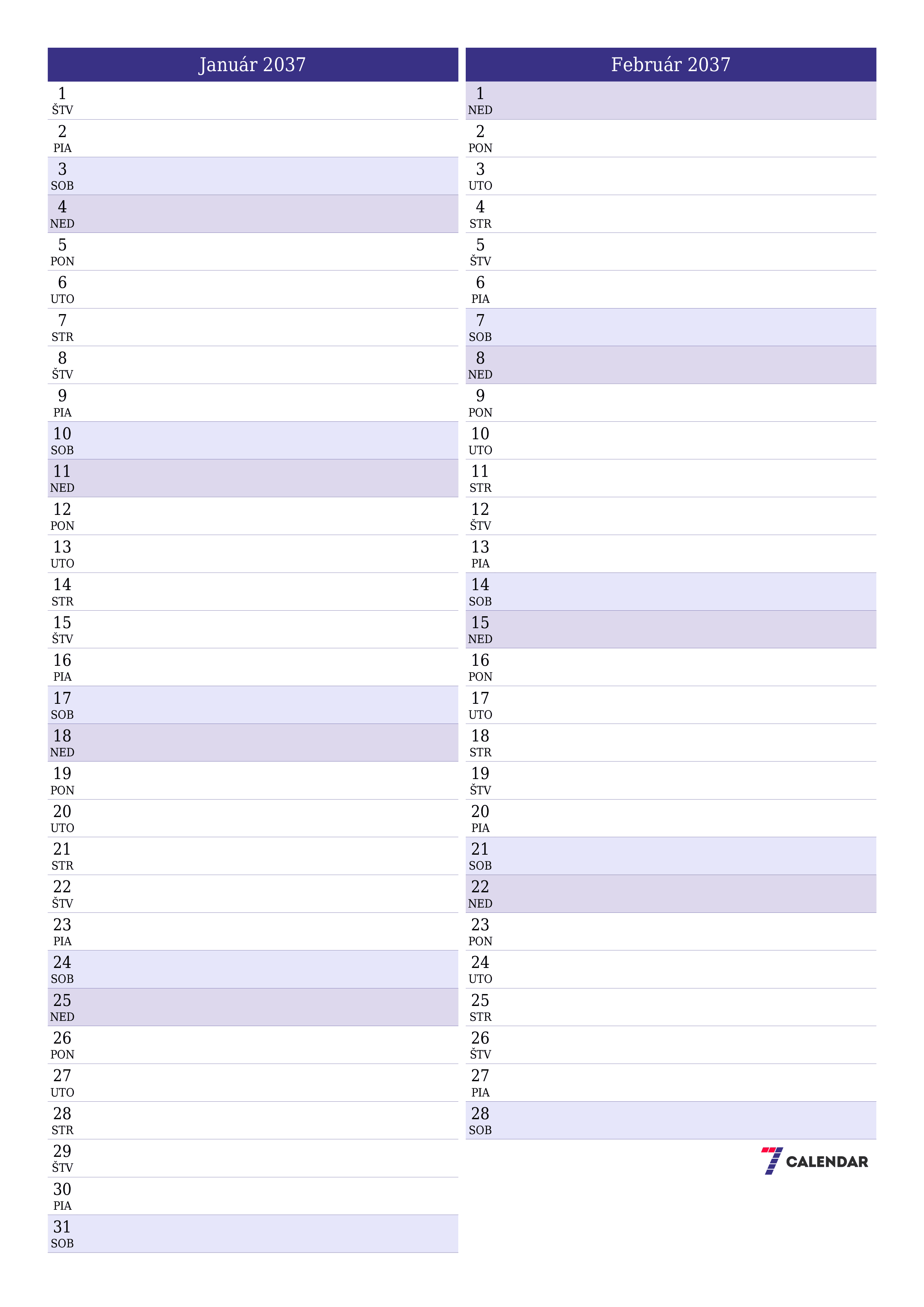 vytlačiteľný nástenný šablóna a bezplatný вертикальный Mesačne plánovač kalendár Január (Jan) 2037