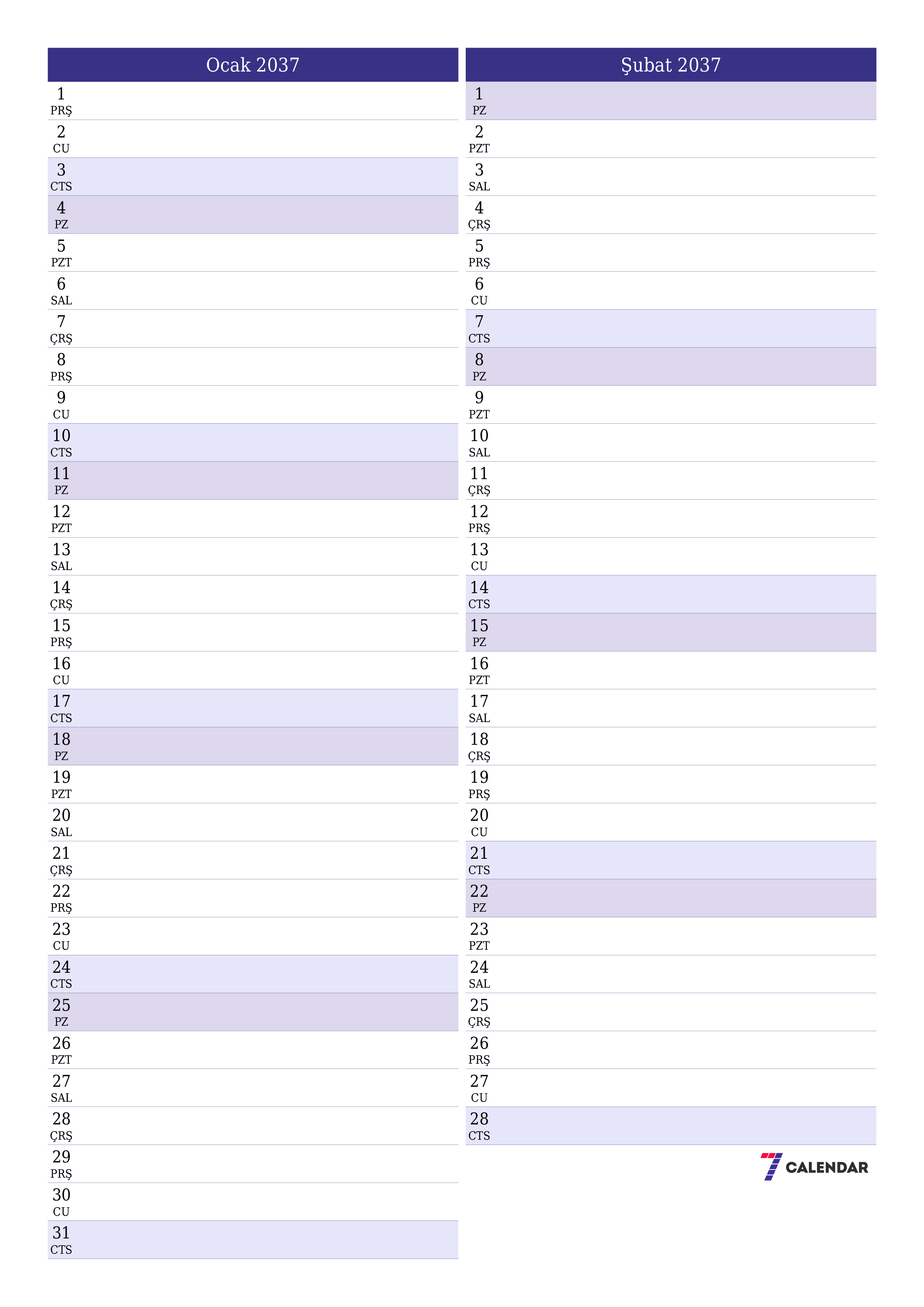 Ocak 2037 ayı için notlarla birlikte boş aylık planlayıcı, kaydedin ve PDF'ye yazdırın PNG Turkish
