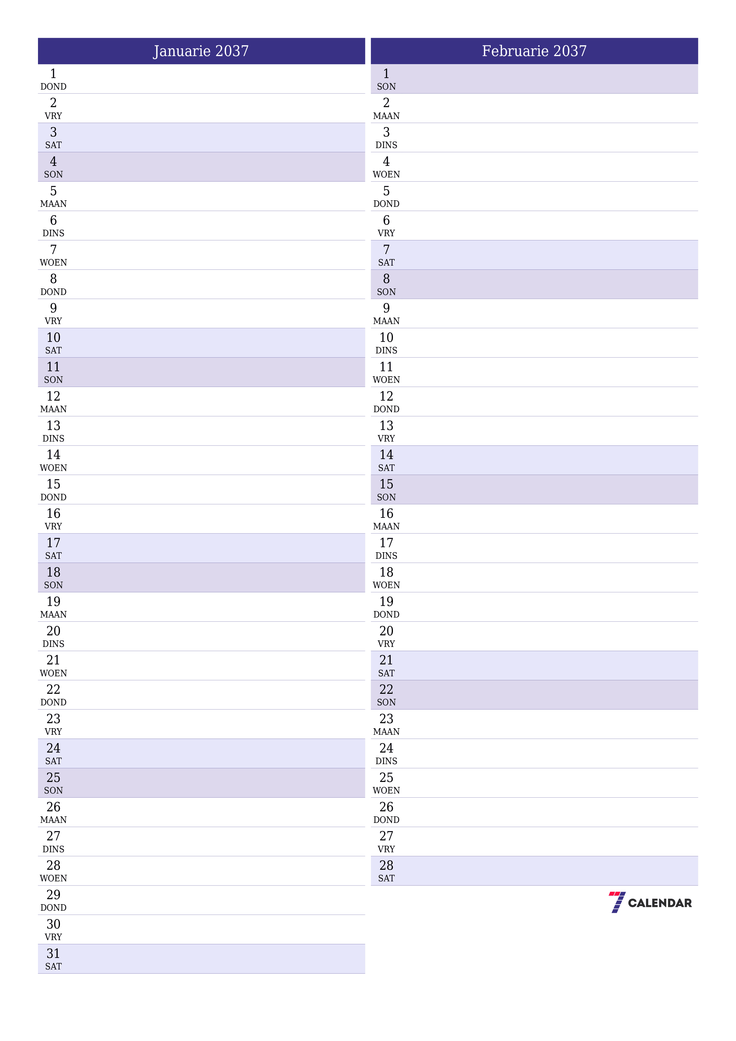 drukbare muur template gratis vertikaal Maandeliks beplanner kalender Januarie (Jan) 2037