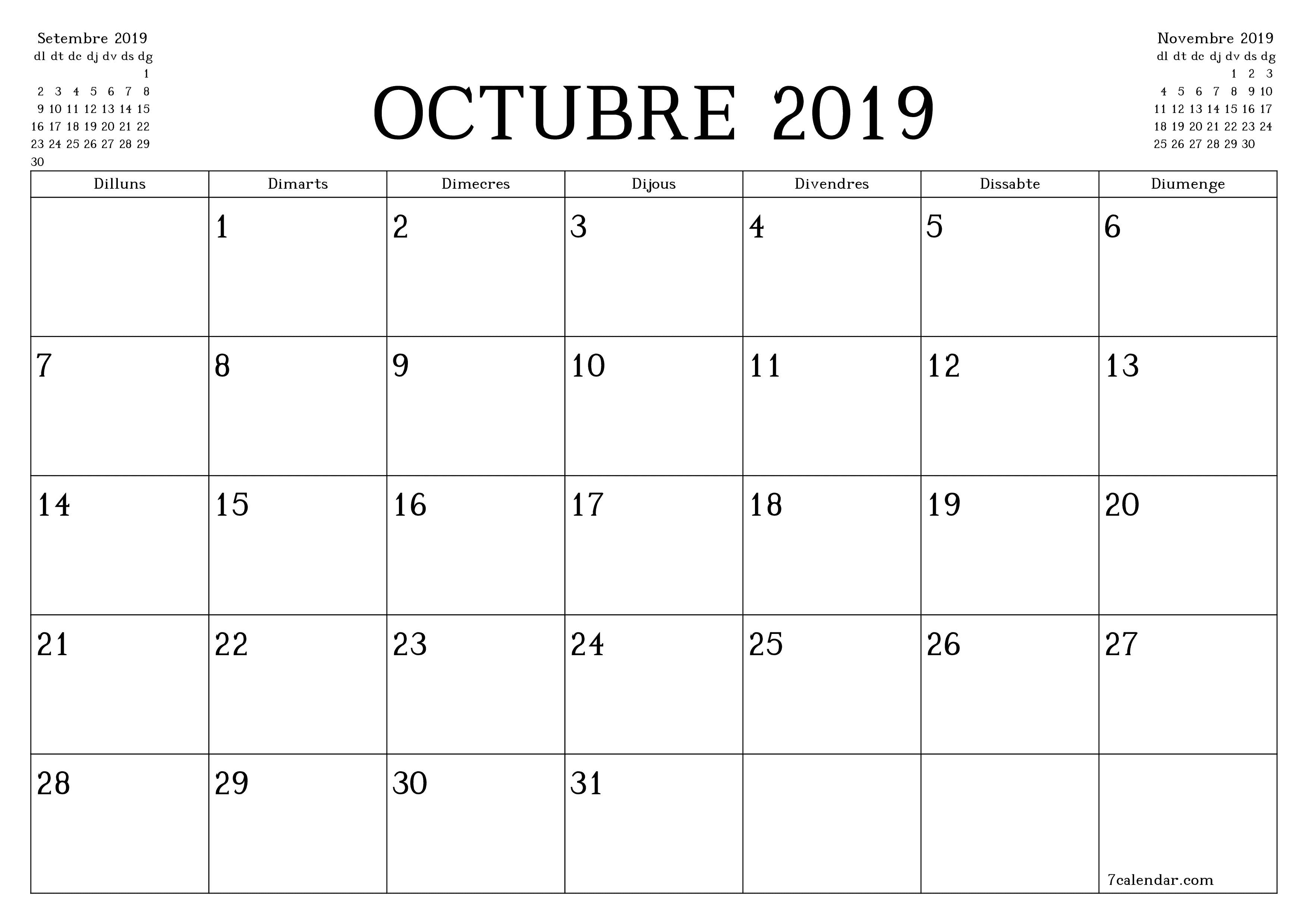 Planificador mensual buit del mes Octubre 2019 amb notes, deseu-lo i imprimiu-lo en format PDF PNG Catalan