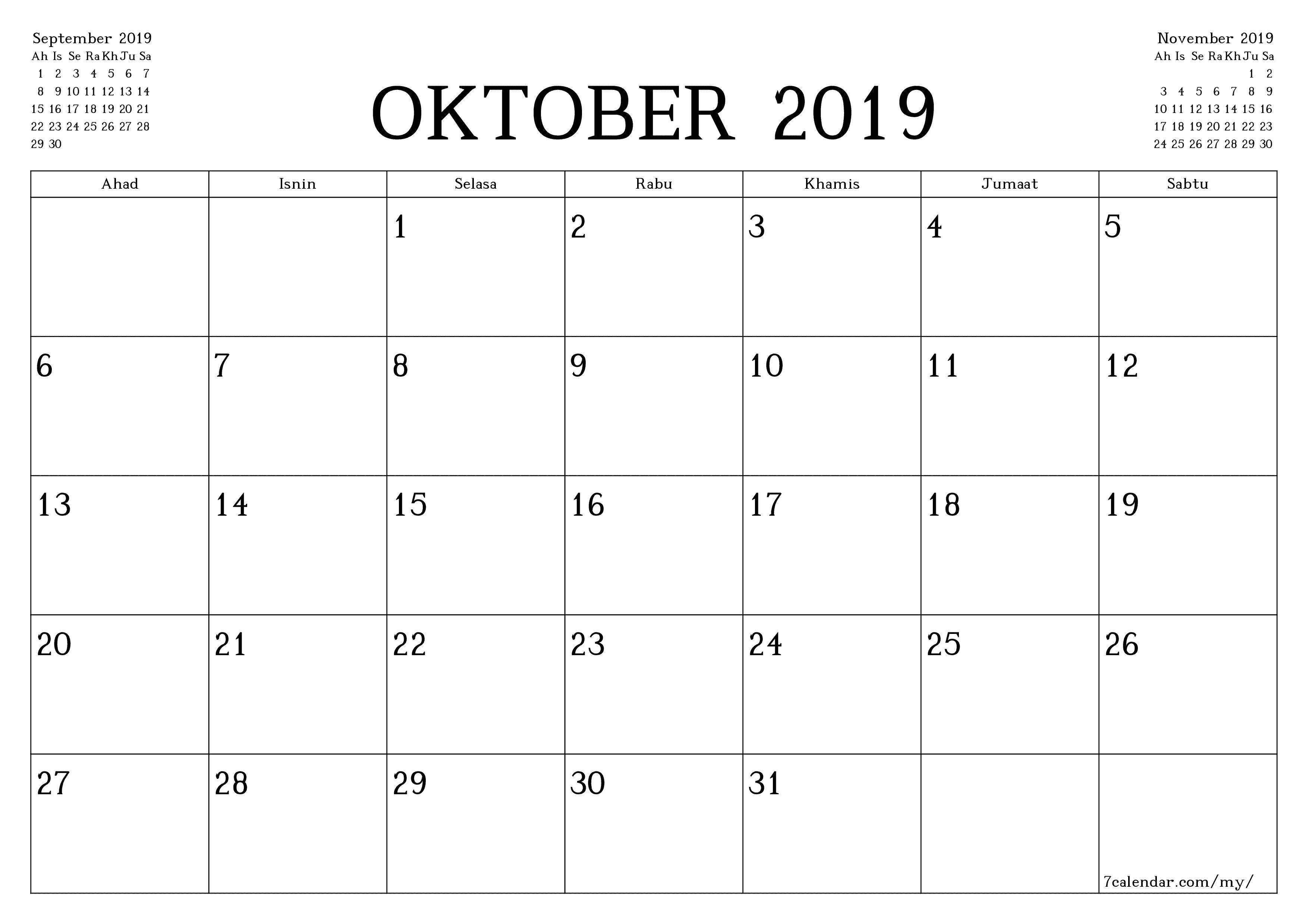 Perancang bulanan kosong untuk bulan Oktober 2019 dengan nota, simpan dan cetak ke PDF PNG Malay