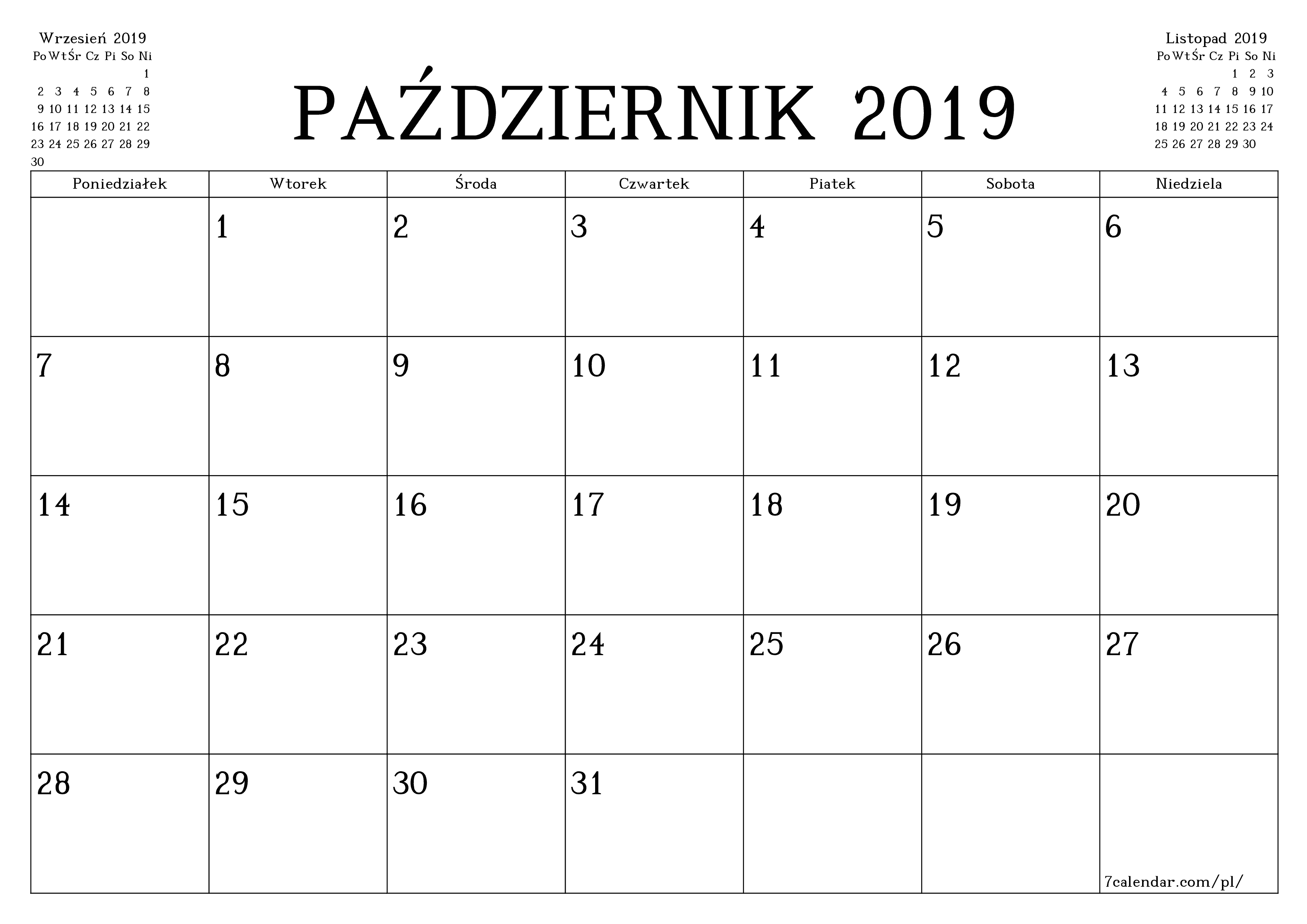 Opróżnij miesięczny planer na miesiąc Październik 2019 z notatkami, zapisz i wydrukuj w formacie PDF PNG Polish