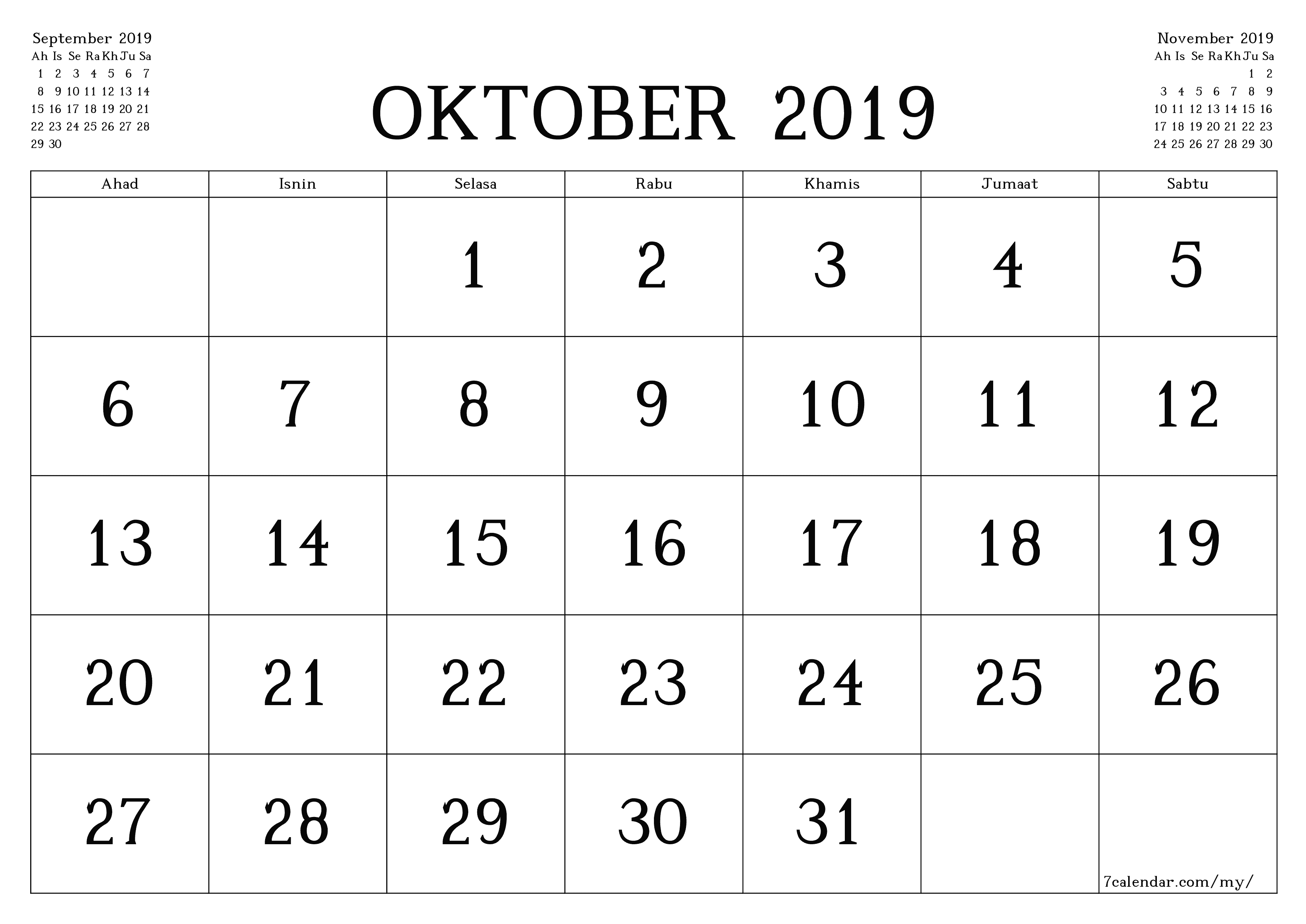 Perancang bulanan kosong untuk bulan Oktober 2019 dengan nota, simpan dan cetak ke PDF PNG Malay