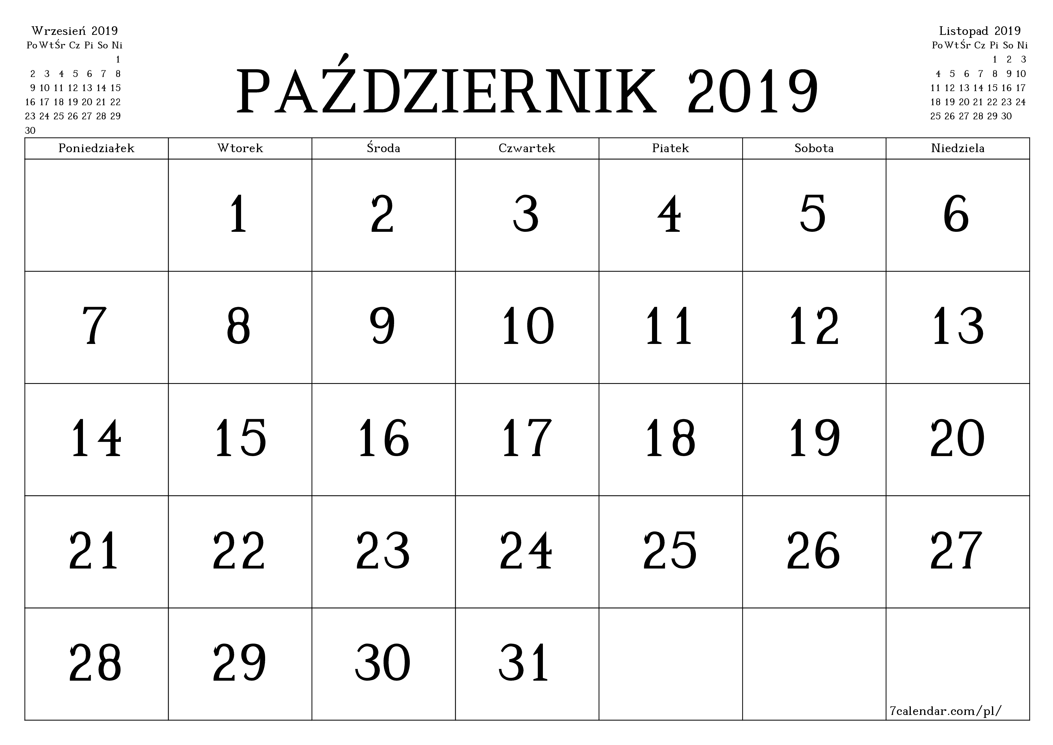 Opróżnij miesięczny planer na miesiąc Październik 2019 z notatkami, zapisz i wydrukuj w formacie PDF PNG Polish