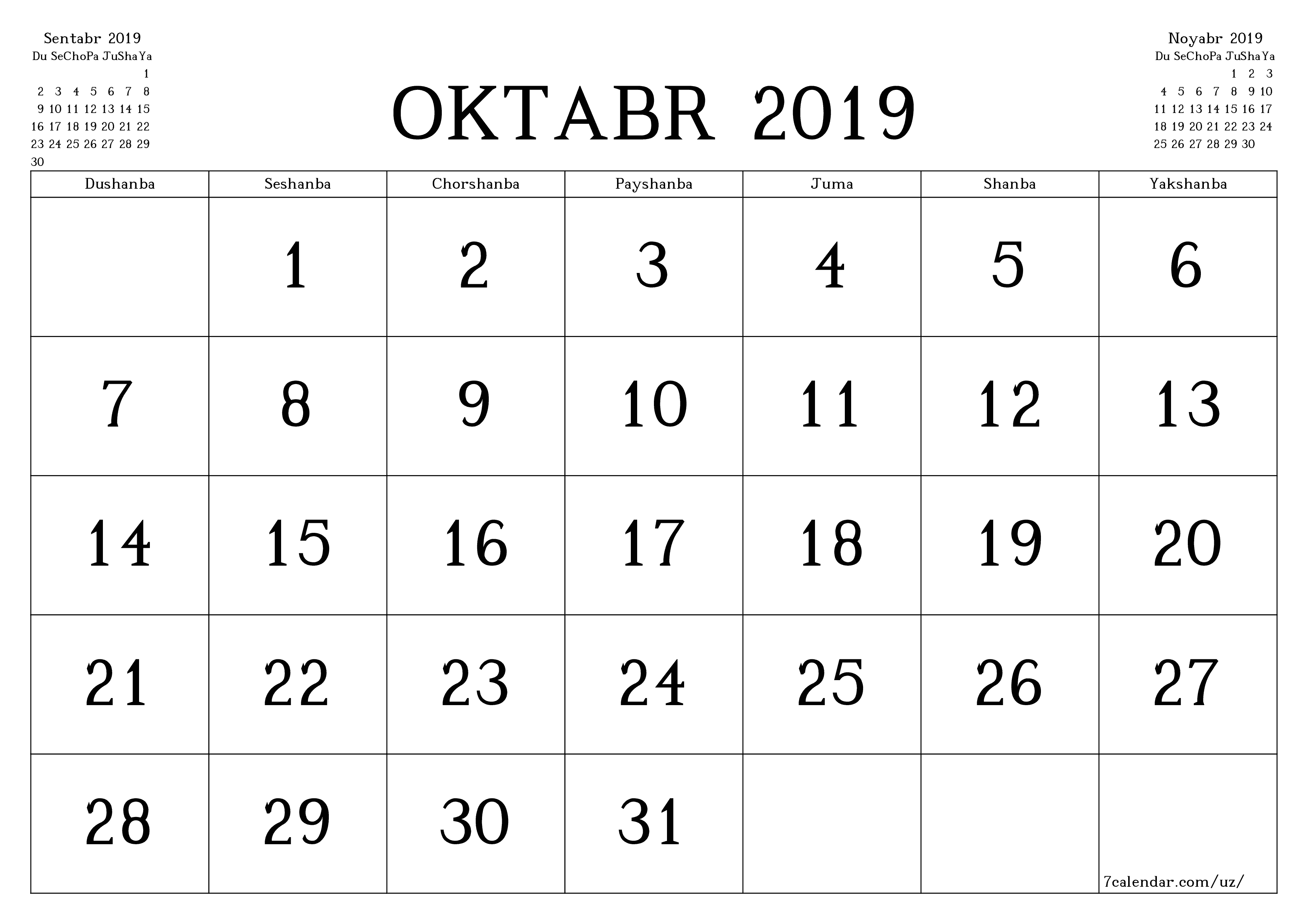 Oktabr 2019 oylik oylik rejalashtiruvchini yozuvlar bilan bo'shatish, saqlash va PDF-ga chop etish PNG Uzbek