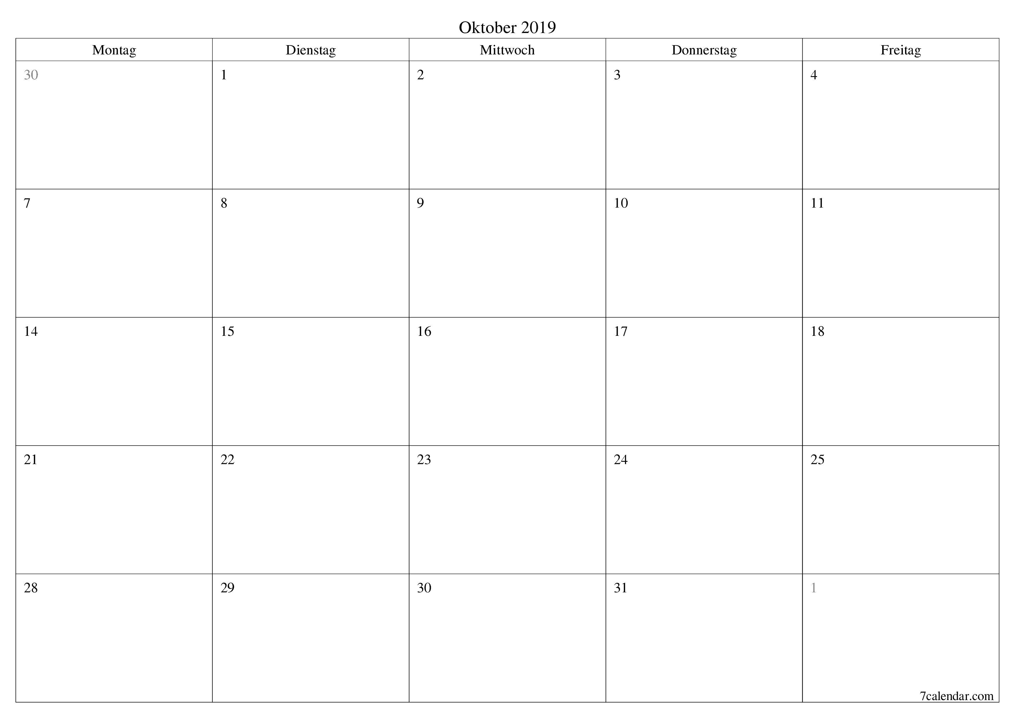 Monatsplaner für Monat Oktober 2019 mit Notizen leeren, speichern und als PDF PNG German - 7calendar.com drucken