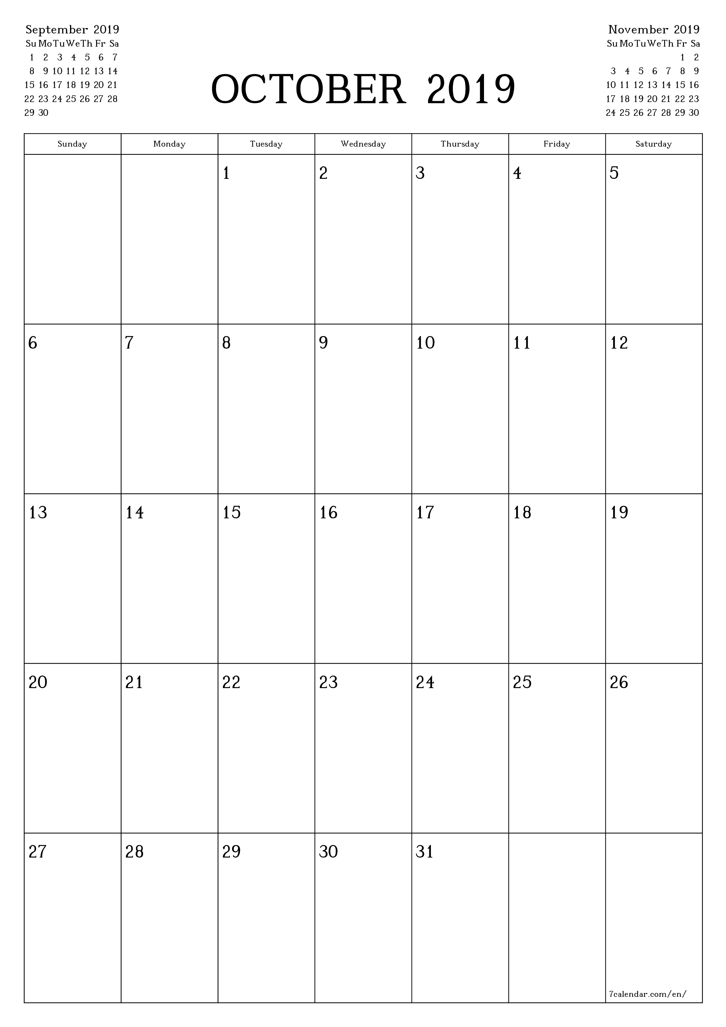 printable wall template free vertical Monthly planner calendar October (Oct) 2019