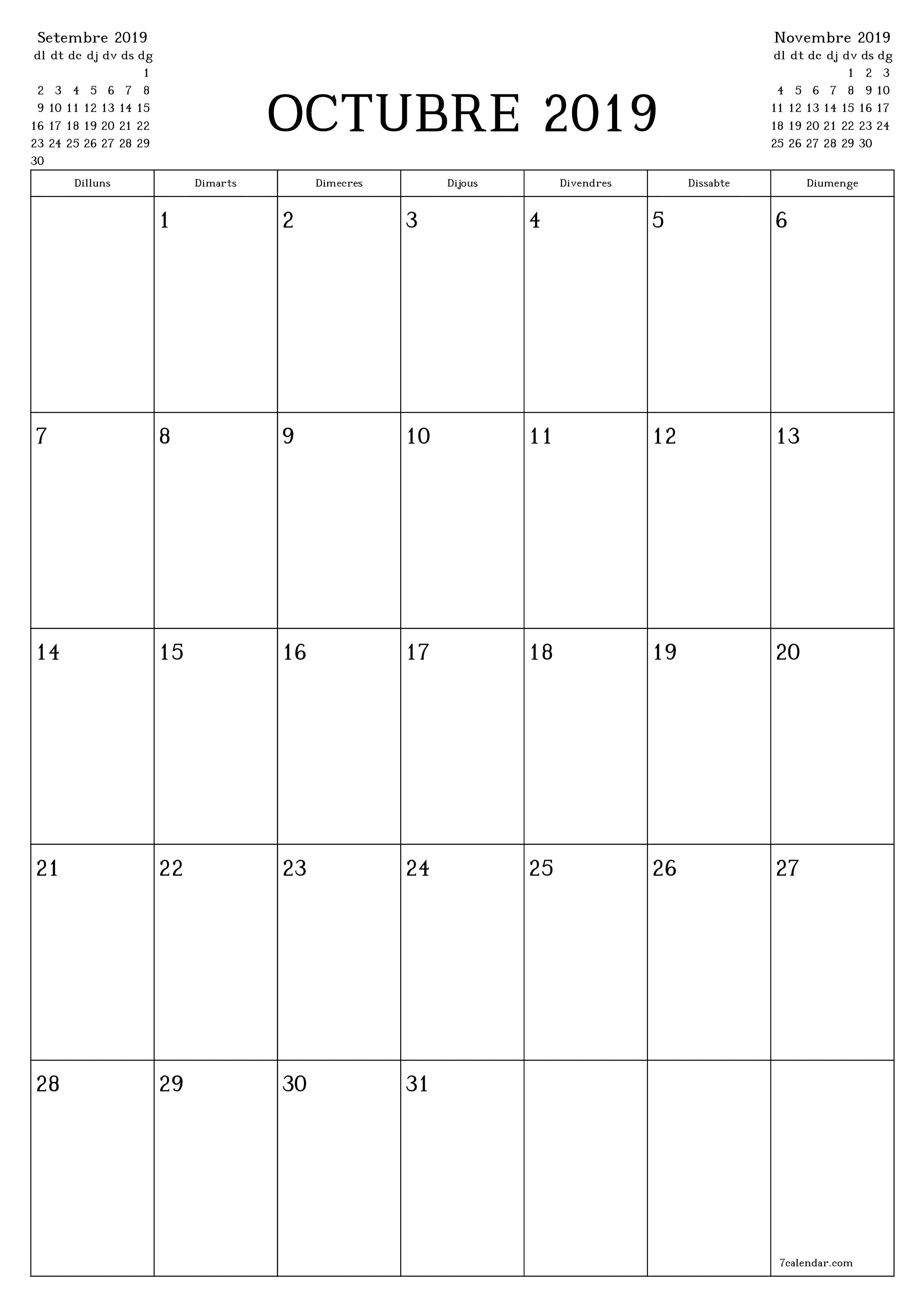  imprimible de paret plantilla de gratuïtvertical Mensual planificador calendari Octubre (Oct) 2019
