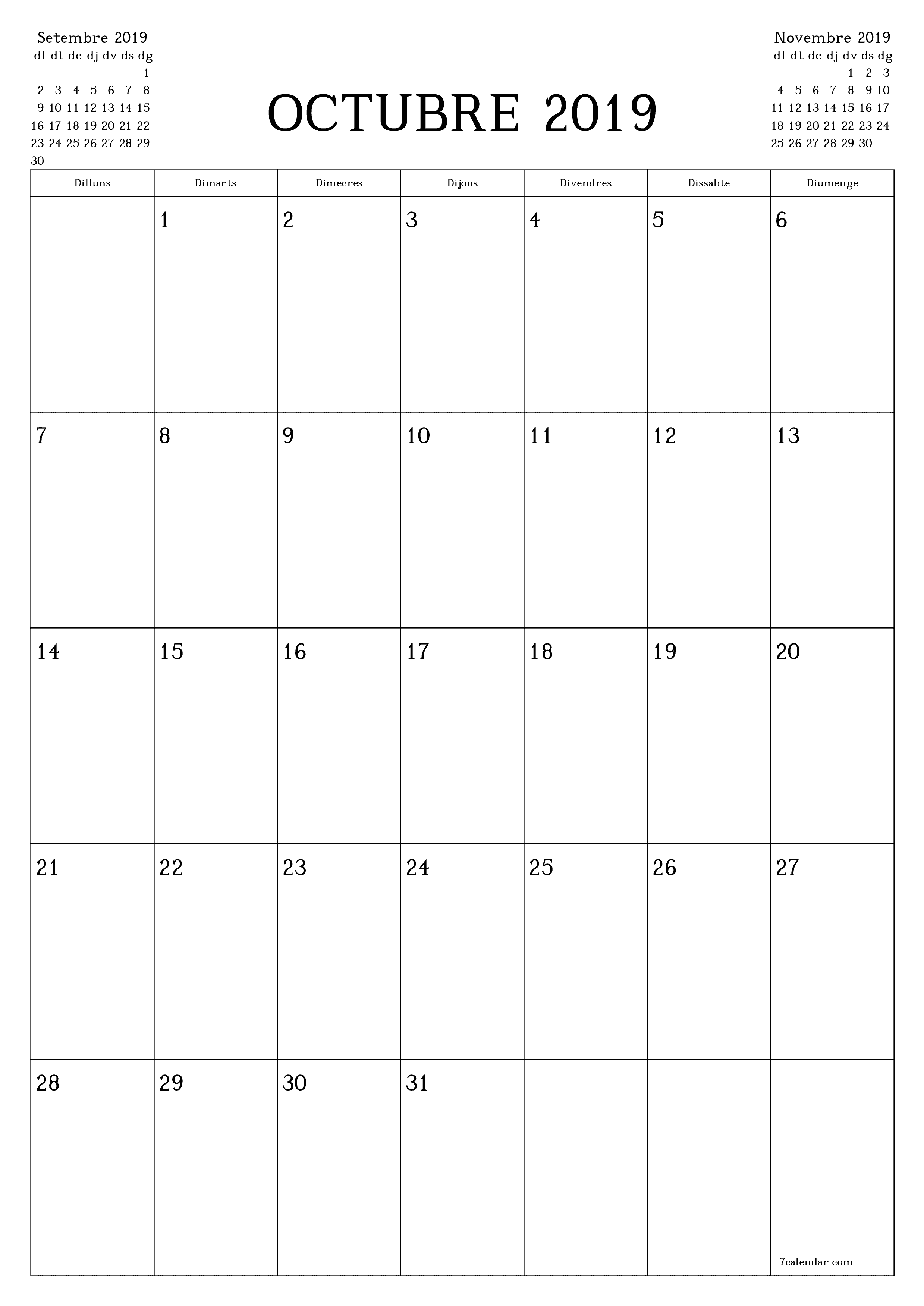 Planificador mensual buit del mes Octubre 2019 amb notes, deseu-lo i imprimiu-lo en format PDF PNG Catalan