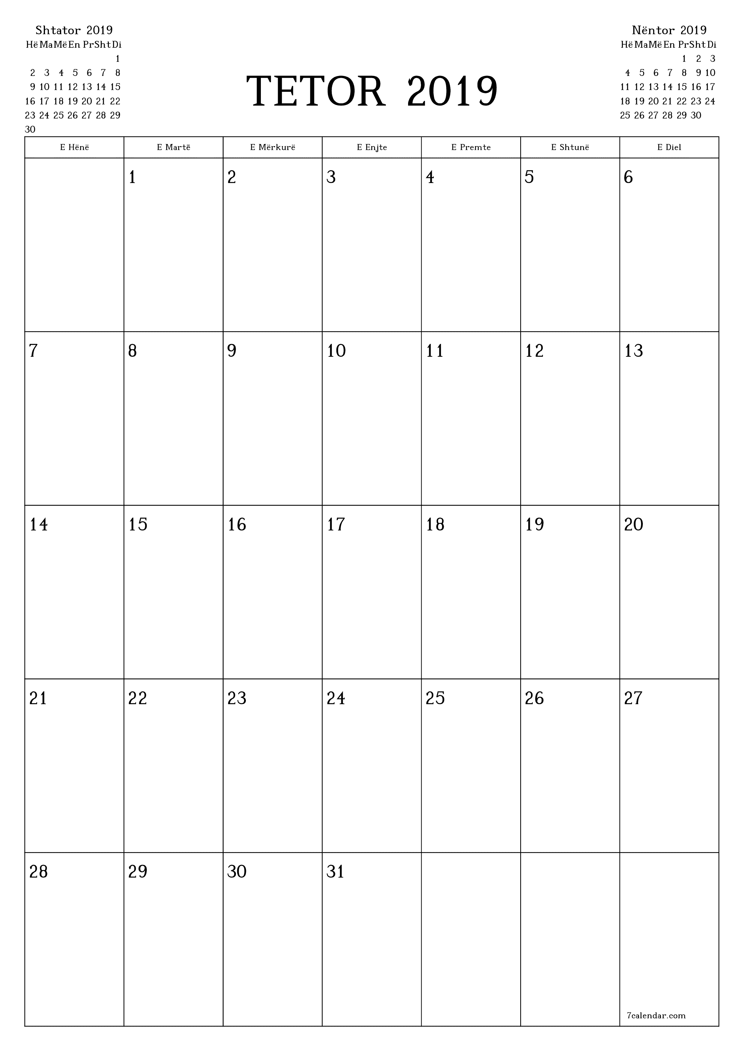 Planifikuesi i zbrazët i kalendarit mujor për muajin Tetor 2019 me shënime të ruajtura dhe të printuara në PDF PNG Albanian