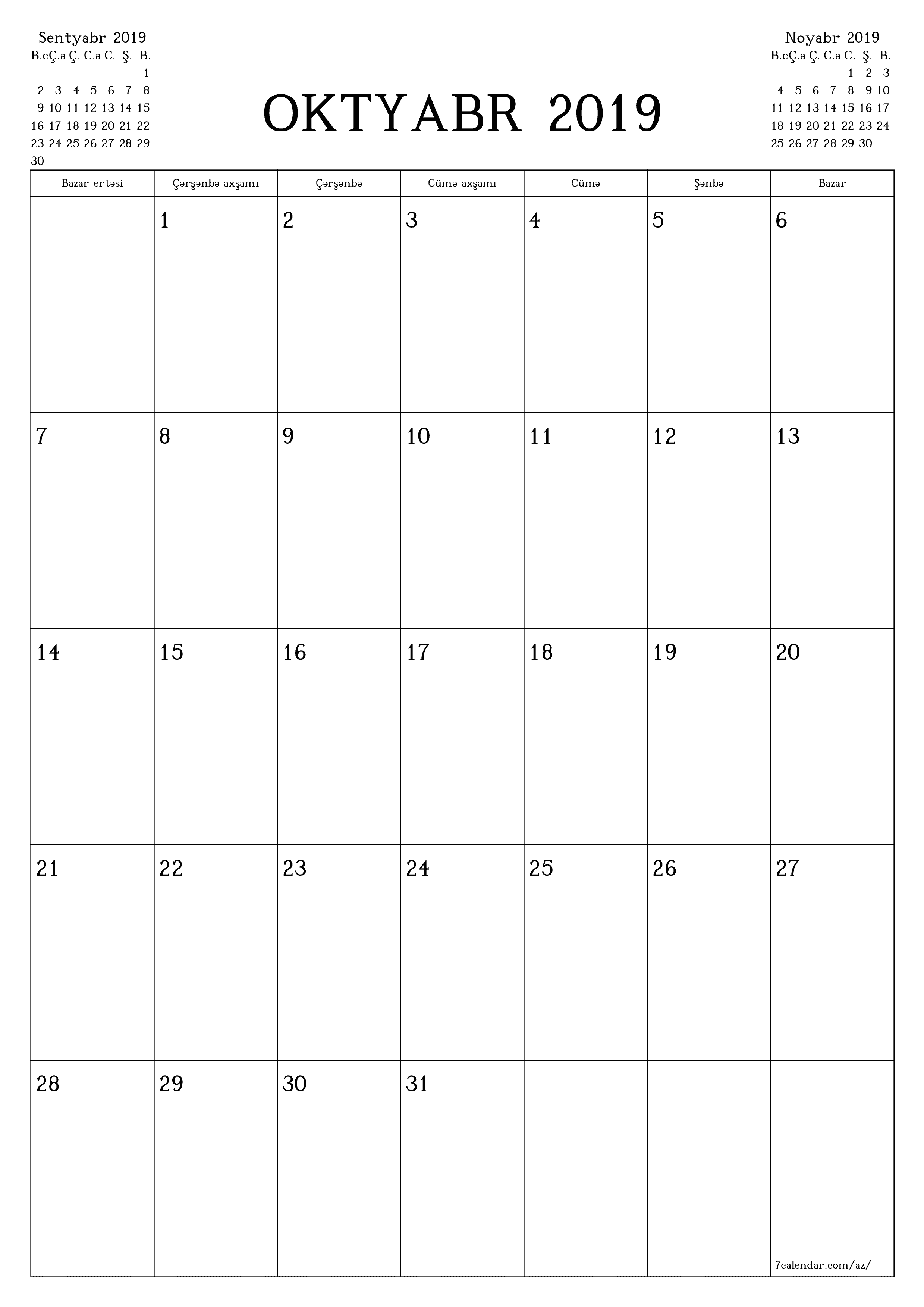 Oktyabr 2019 ayı üçün qeydlər ilə boş aylıq planlayıcı, qeyd edin və PDF-ə yazdırın PNG Azerbaijani