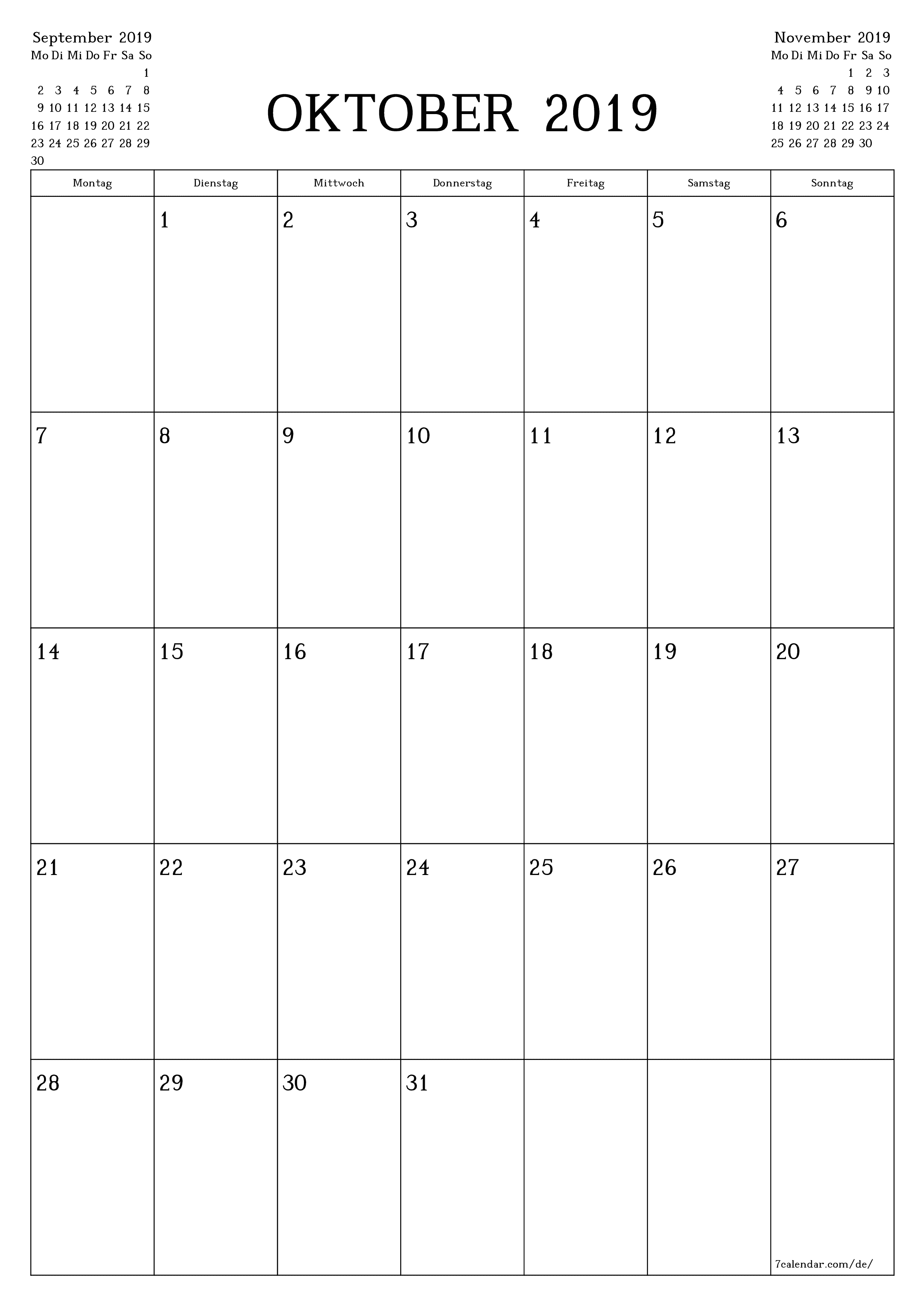 Monatsplaner für Monat Oktober 2019 mit Notizen leeren, speichern und als PDF PNG German - 7calendar.com drucken