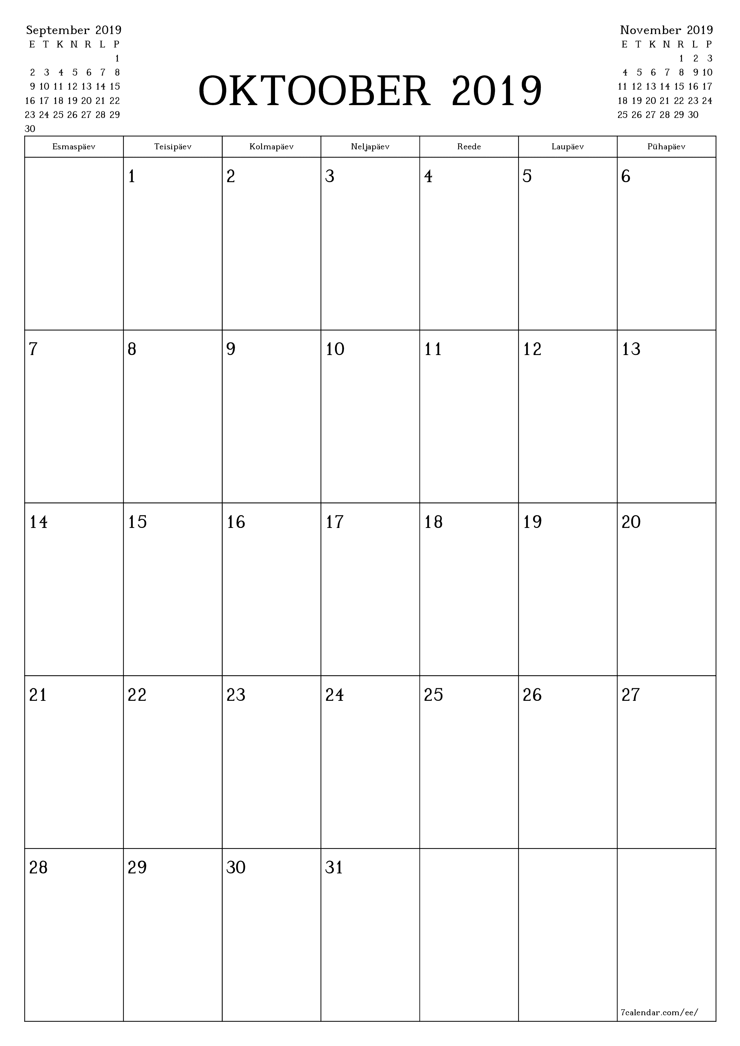 prinditav seina kalendri mall tasuta vertikaalne Igakuine planeerija kalender Oktoober (Okt) 2019