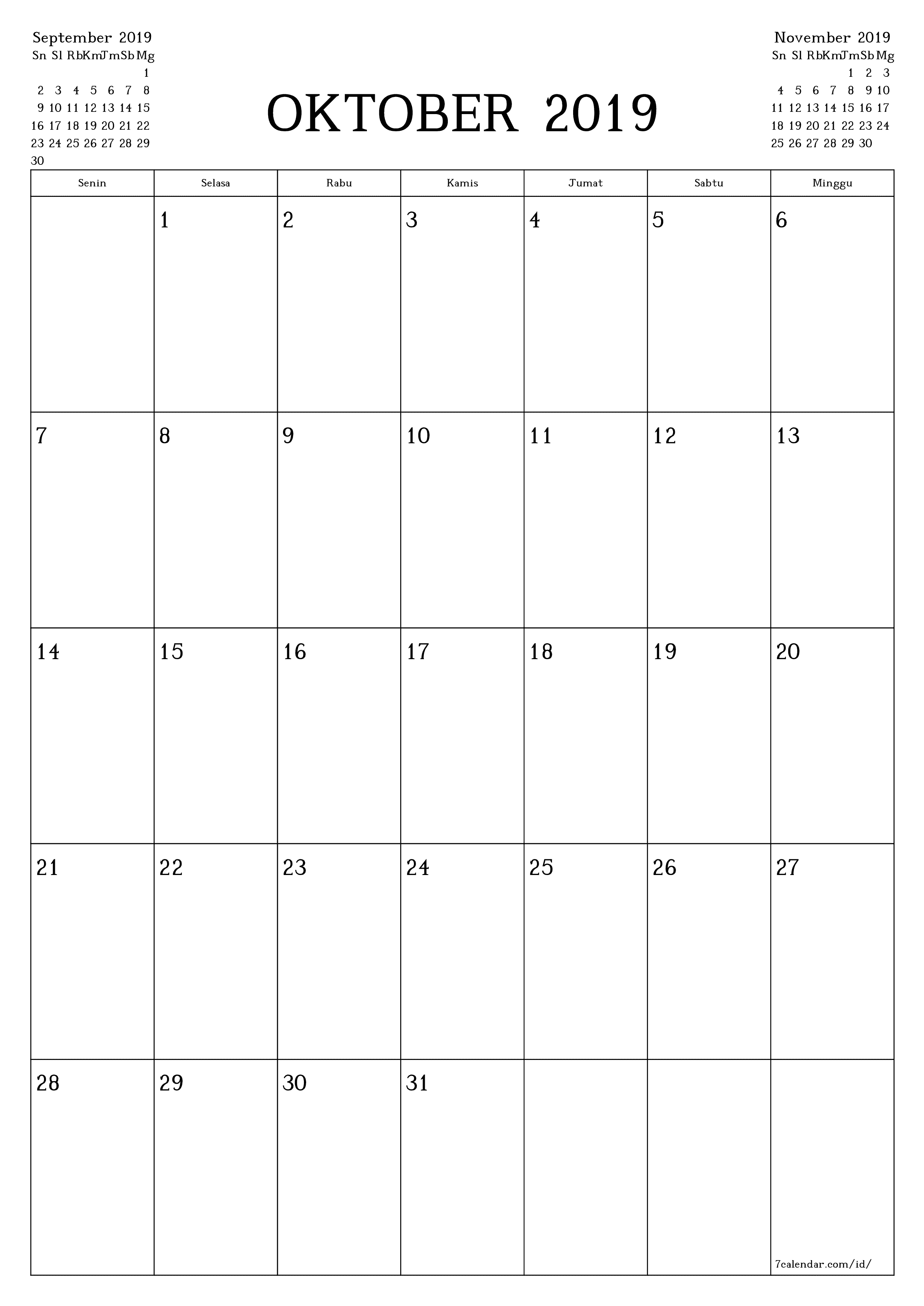 Kosongkan agenda bulanan untuk bulan Oktober 2019 dengan catatan, simpan dan cetak ke PDF PNG Indonesian