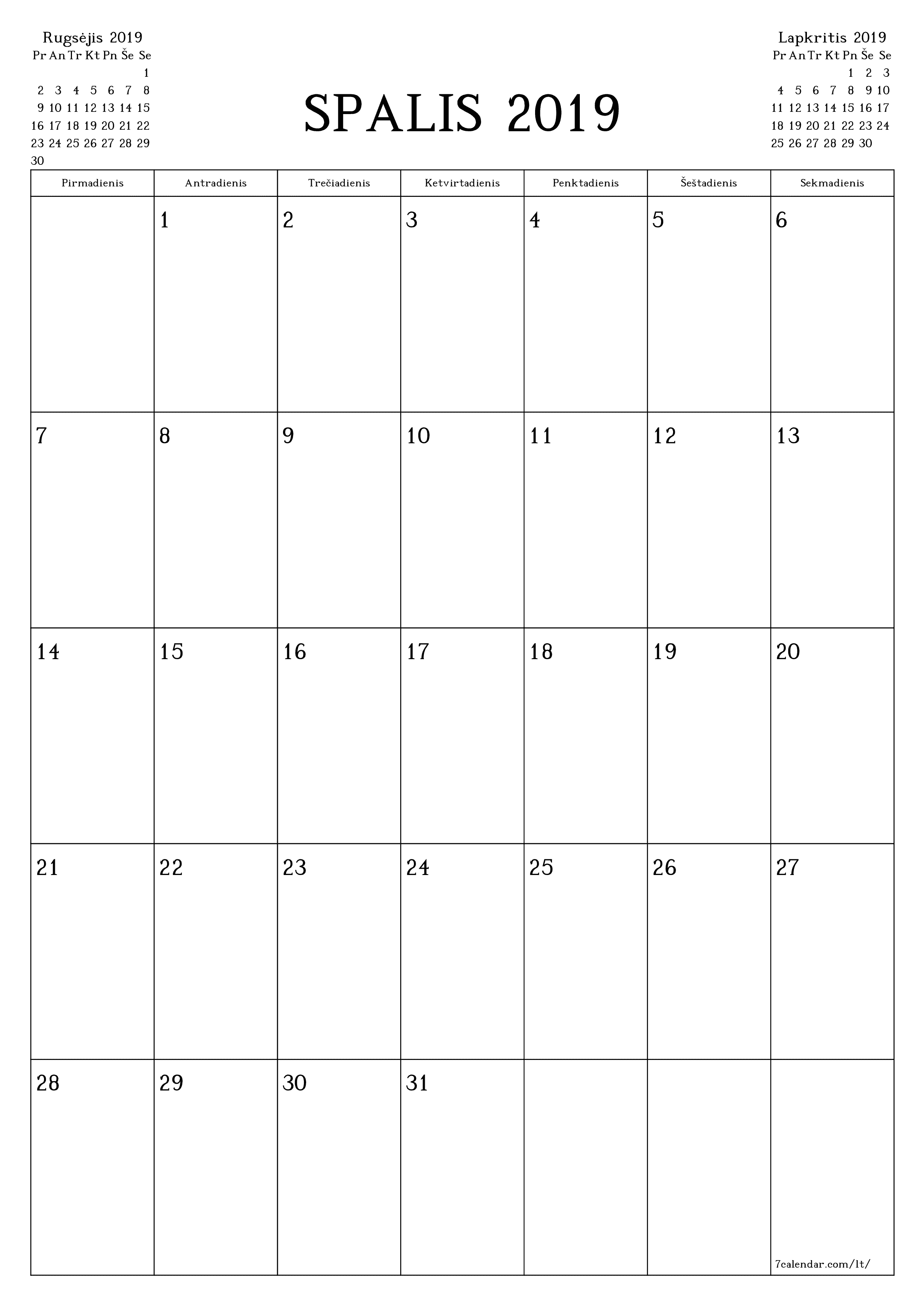 Ištuštinti mėnesio Spalis 2019 mėnesio planavimo priemonę su užrašais, išsaugoti ir atsispausdinti PDF formate PNG Lithuanian