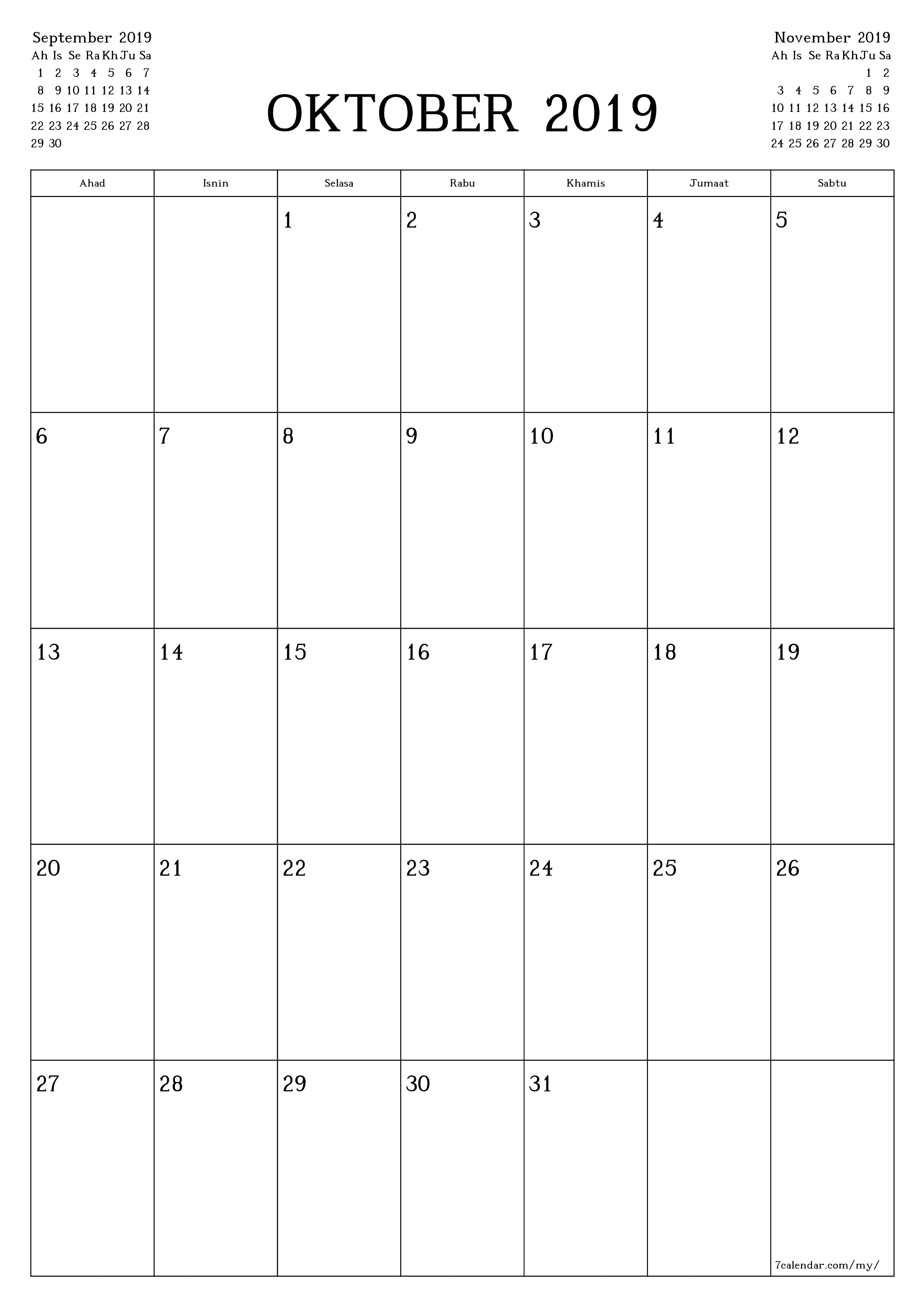  boleh cetak dinding templat percumamenegak Bulanan perancang kalendar Oktober (Okt) 2019
