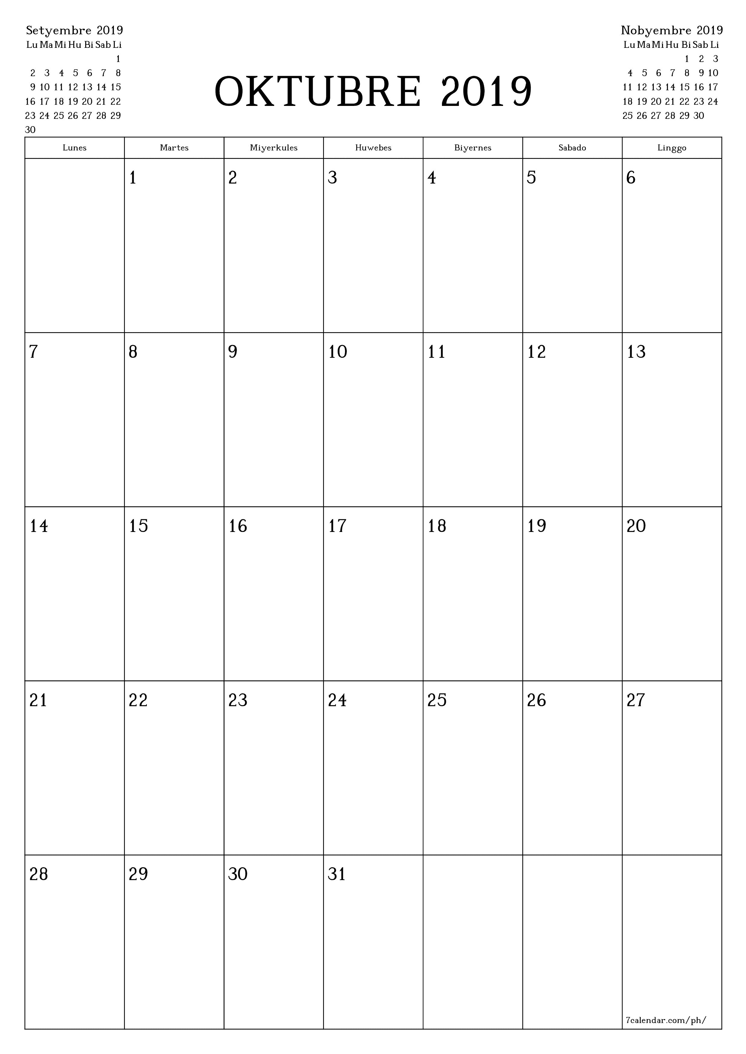 napi-print na sa dingding template ng libreng patayo Buwanang tagaplano kalendaryo Oktubre (Okt) 2019