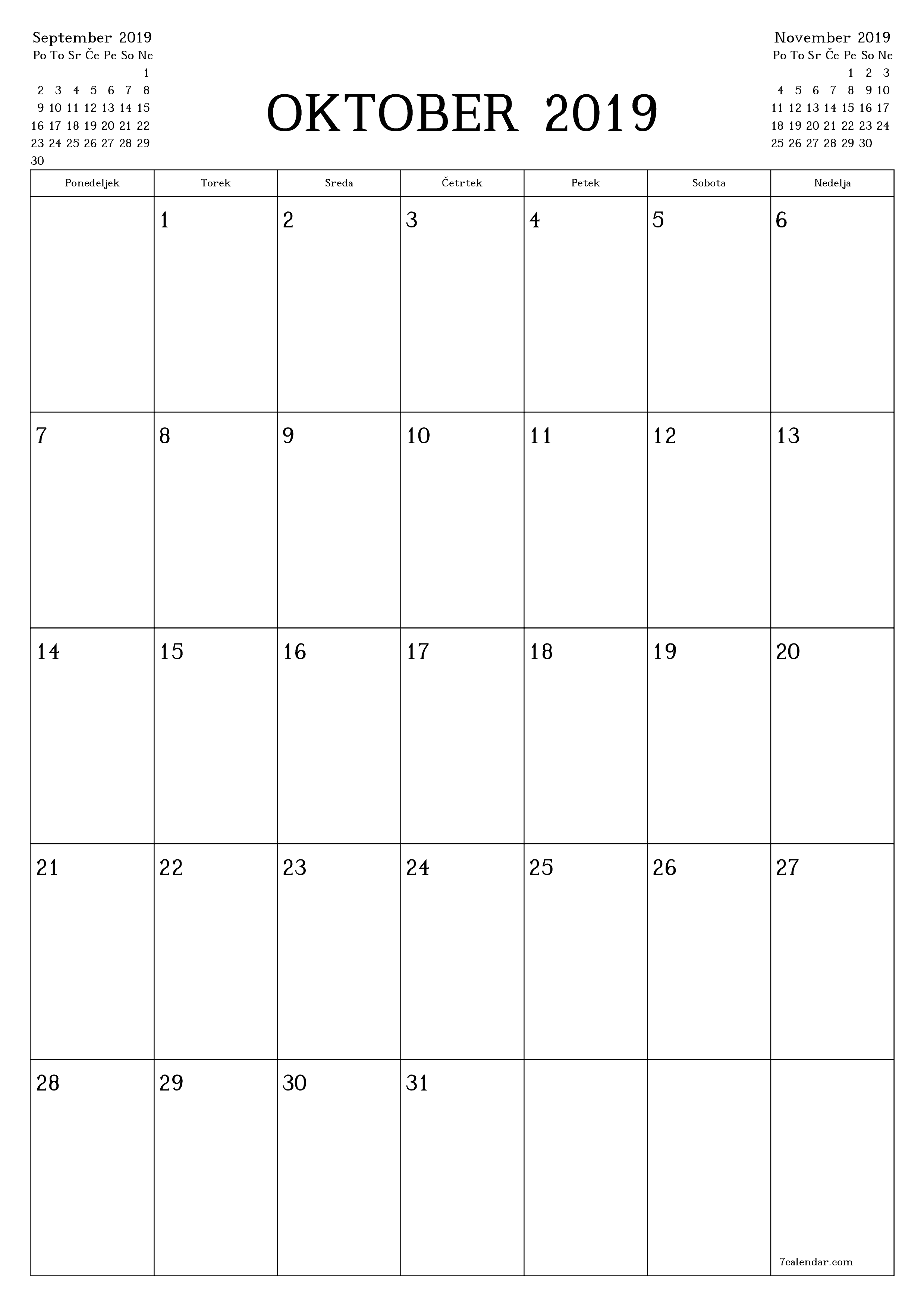 natisljiv stenski ska predloga brezplačni vertical Mesečno jadralno letalo koledar Oktober (Okt) 2019