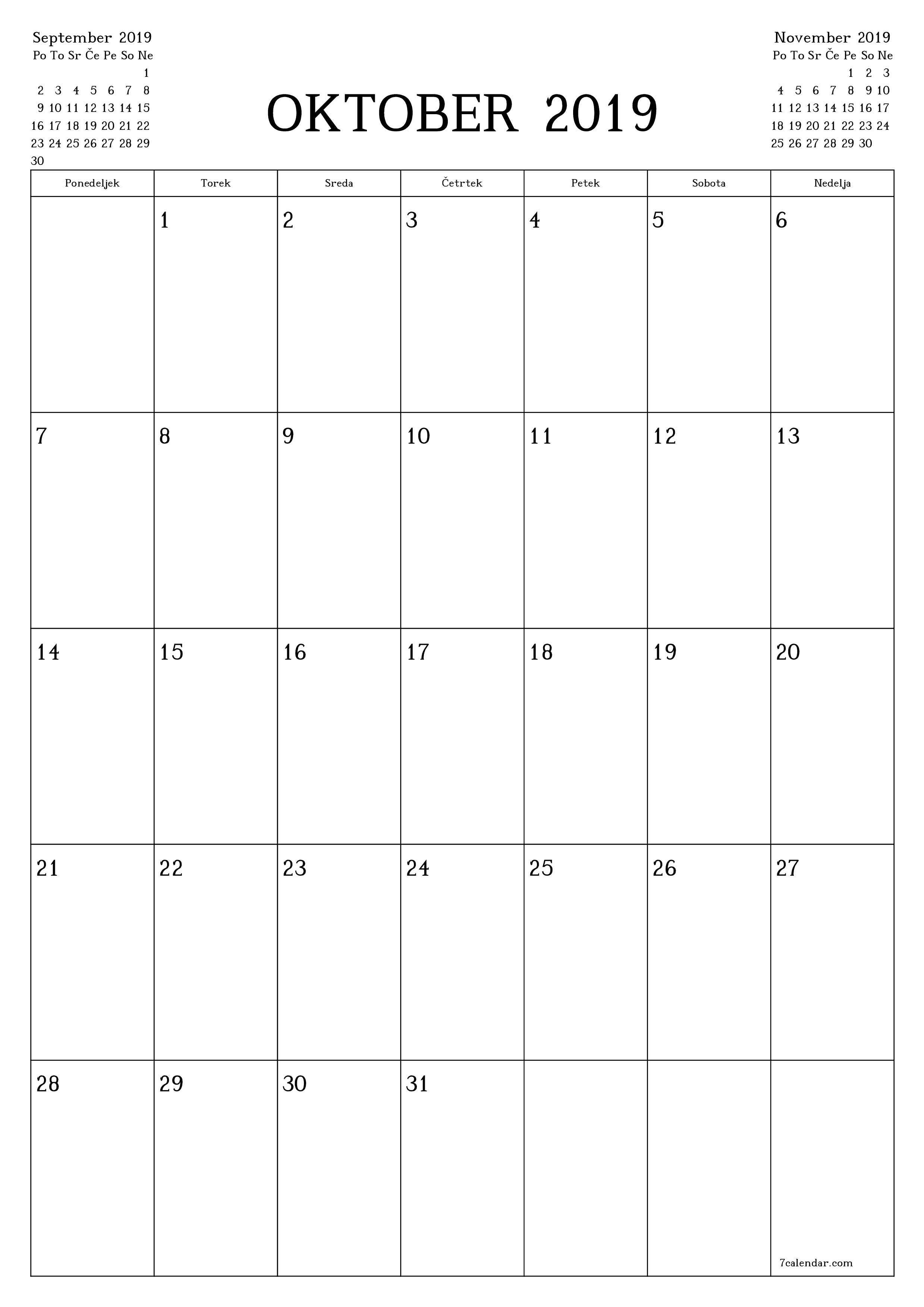 Prazen mesečni načrtovalec koledarja za mesec Oktober 2019 z opombami, natisnjenimi v PDF PNG Slovenian