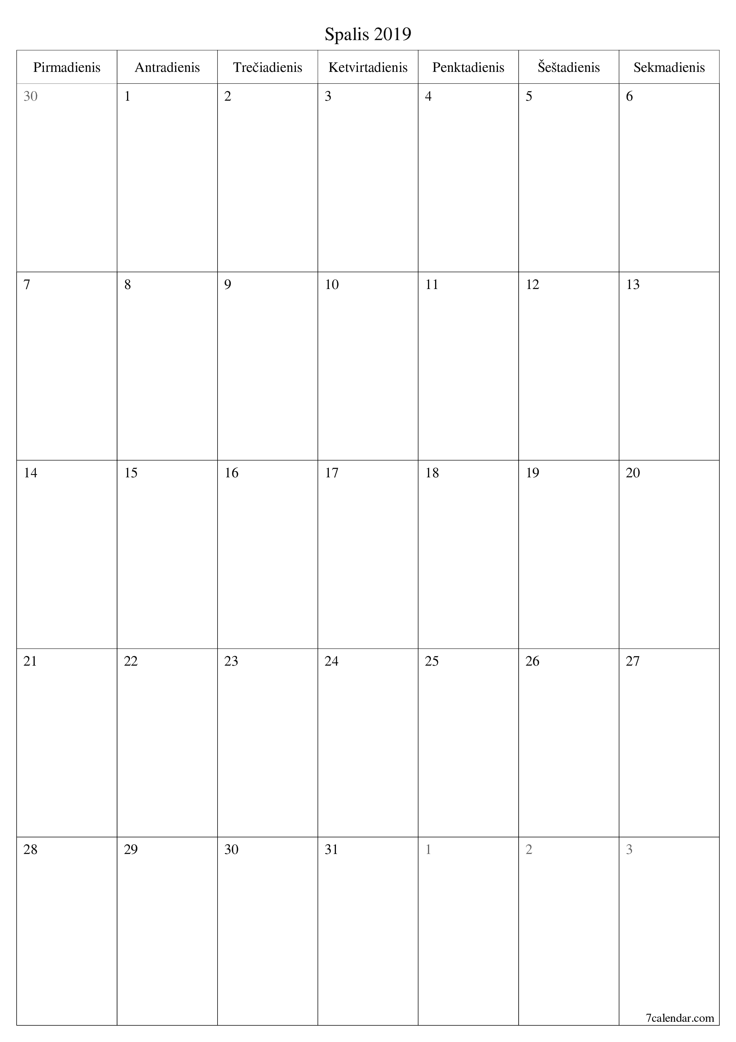 Ištuštinti mėnesio Spalis 2019 mėnesio planavimo priemonę su užrašais, išsaugoti ir atsispausdinti PDF formate PNG Lithuanian