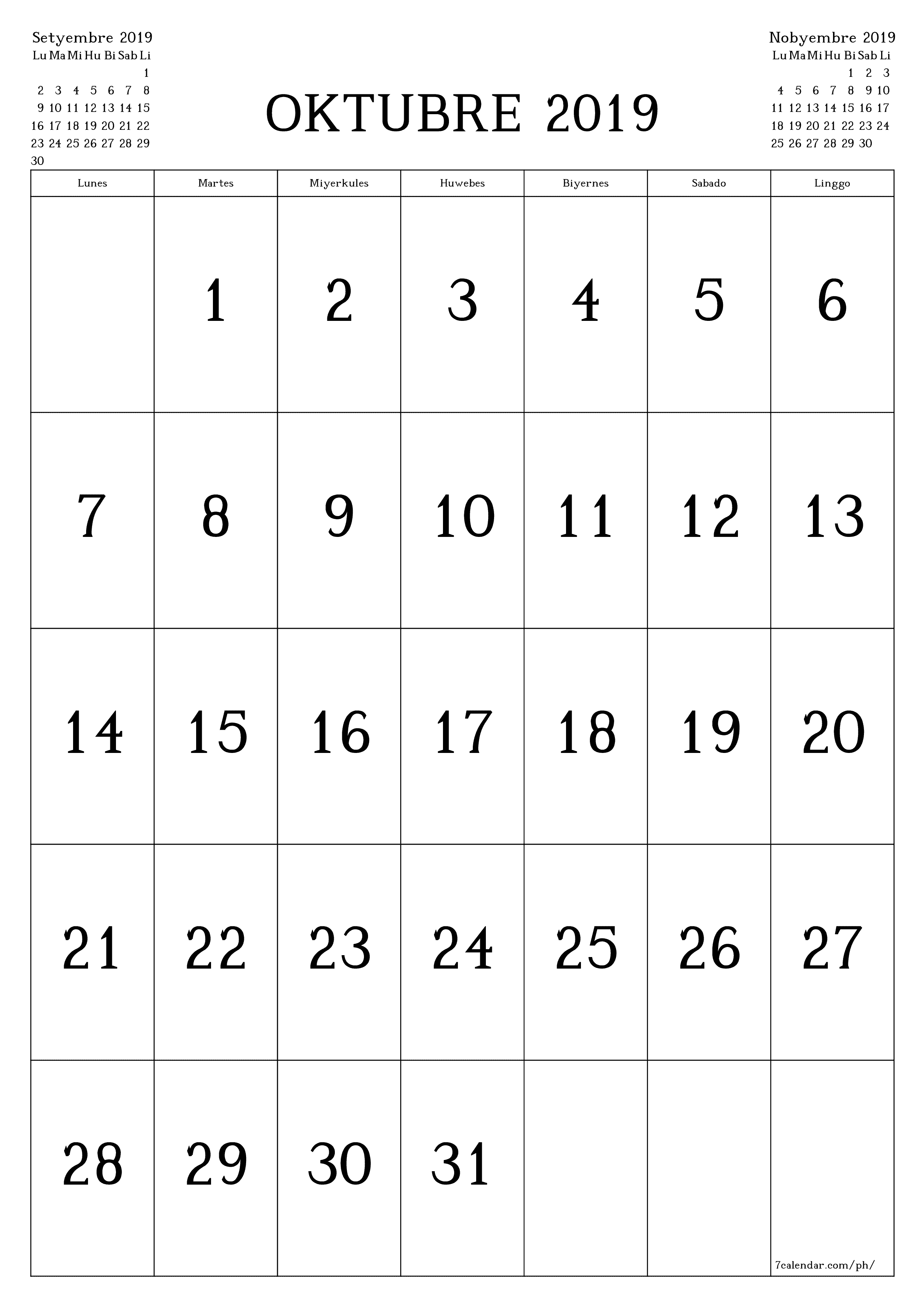 napi-print na sa dingding template ng libreng patayo Buwanang kalendaryo Oktubre (Okt) 2019