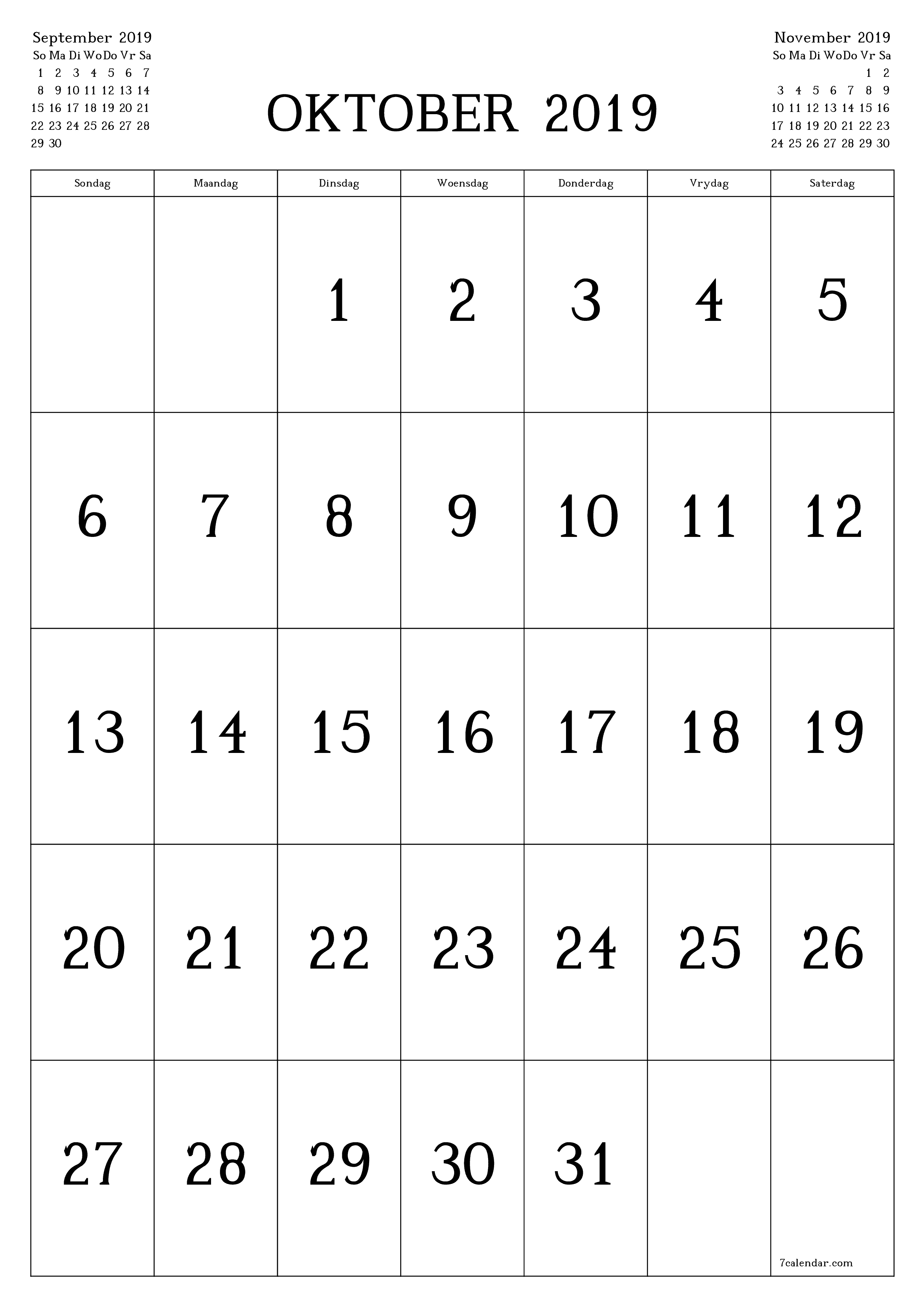 Leë maandelikse drukbare kalender en beplanner vir maand Oktober 2019 met notas stoor en druk na PDF PNG Afrikaans