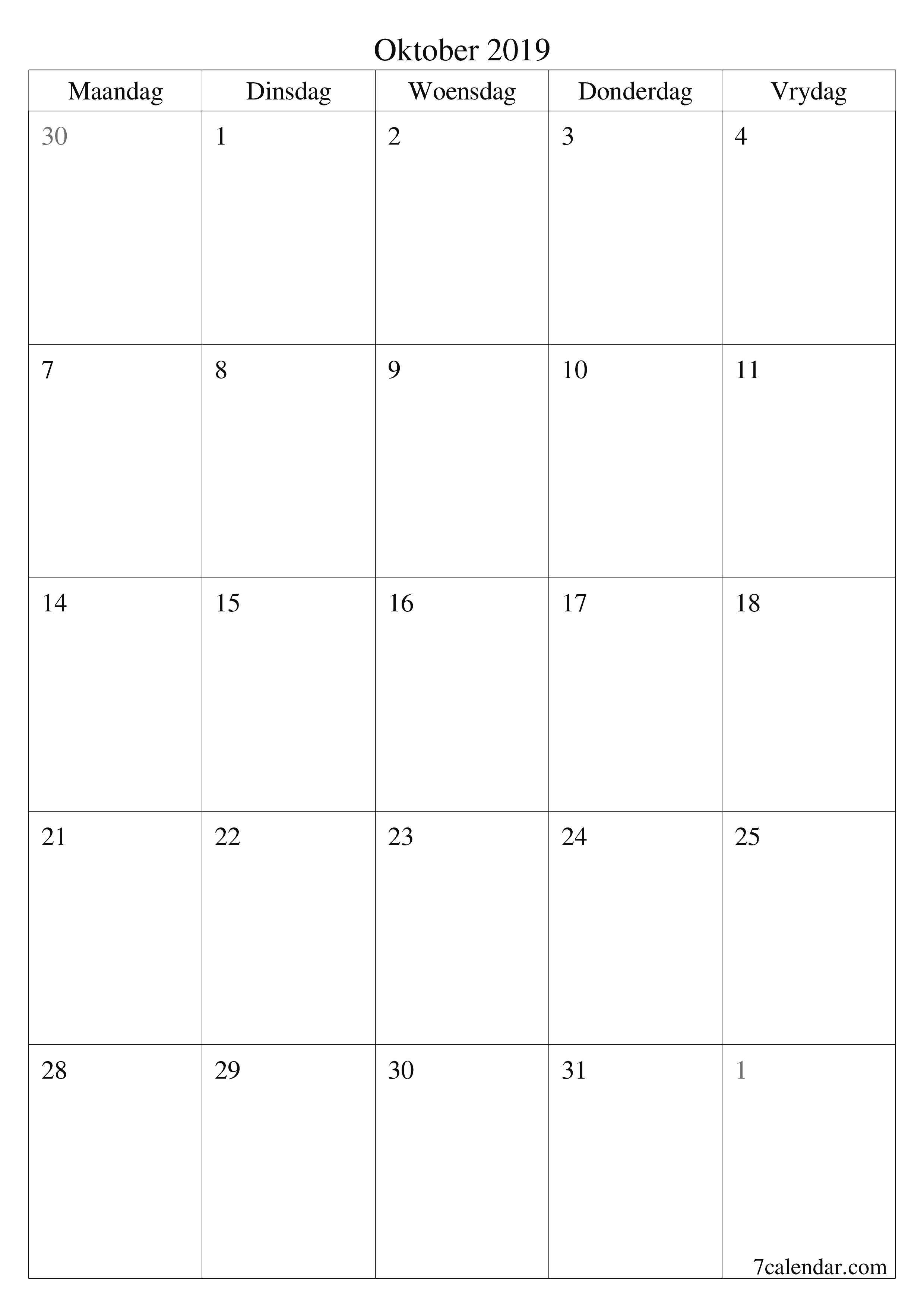 Leë maandelikse drukbare kalender en beplanner vir maand Oktober 2019 met notas stoor en druk na PDF PNG Afrikaans