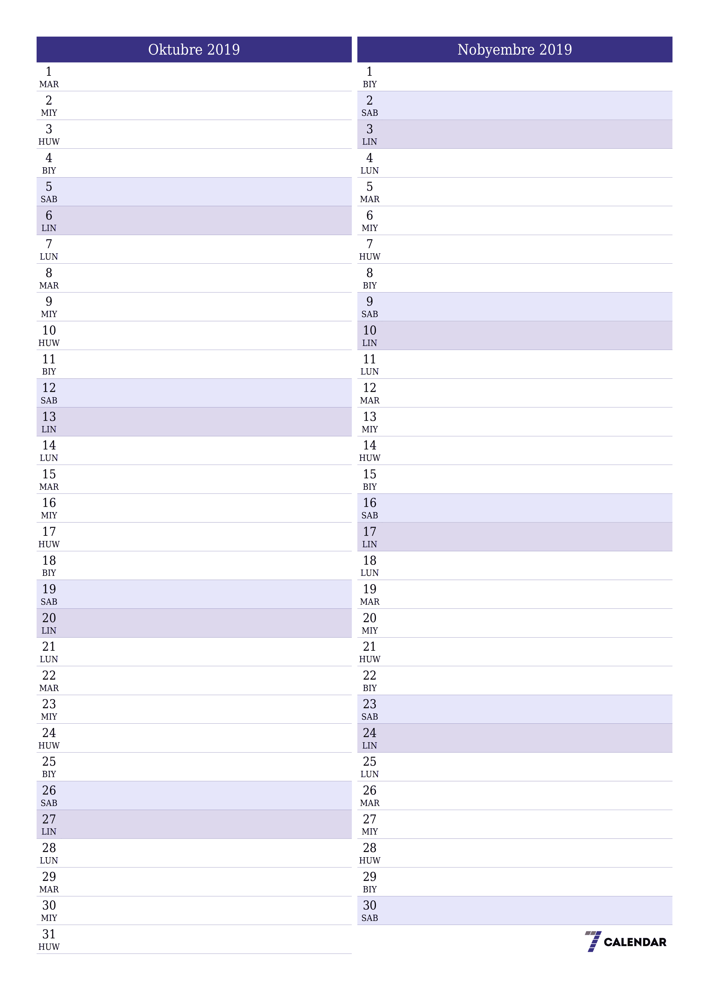 napi-print na sa dingding template ng libreng patayo Buwanang tagaplano kalendaryo Oktubre (Okt) 2019