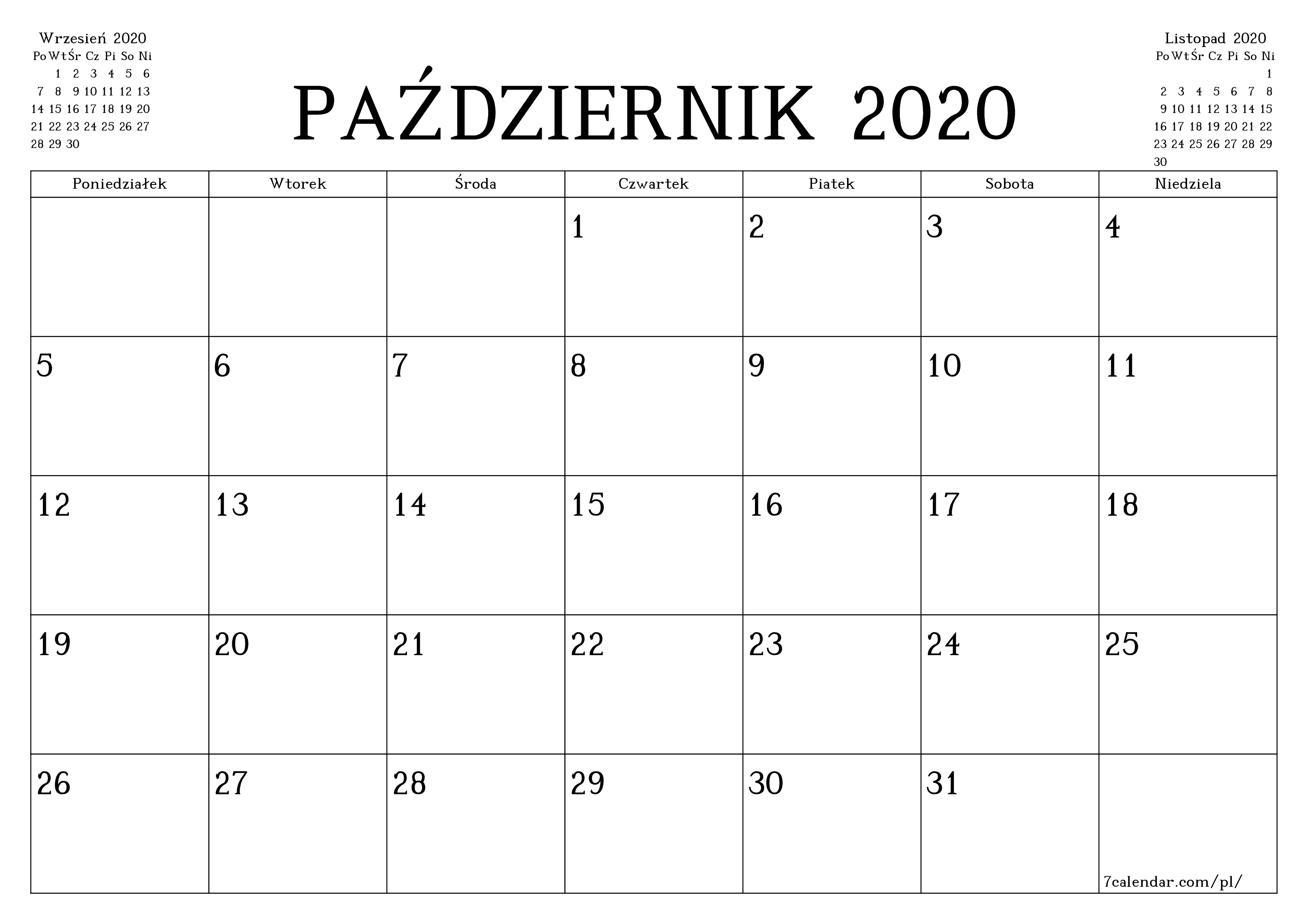  do druku ścienny szablon a darmowy poziomy Miesięczny planista kalendarz Październik (Paź) 2020