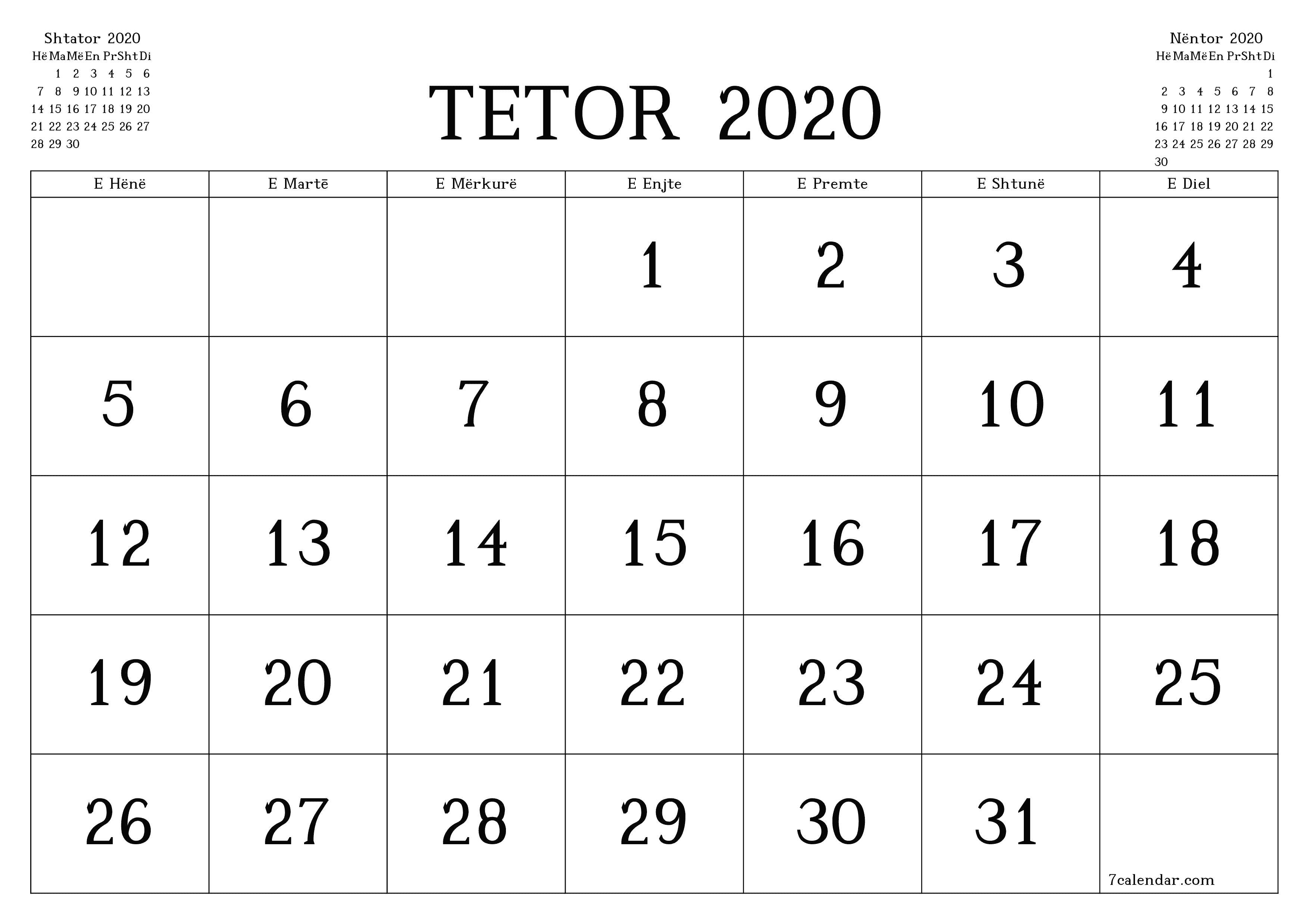  i printueshëm muri shabllon falashorizontale mujore kalendar Tetor (Tet) 2020