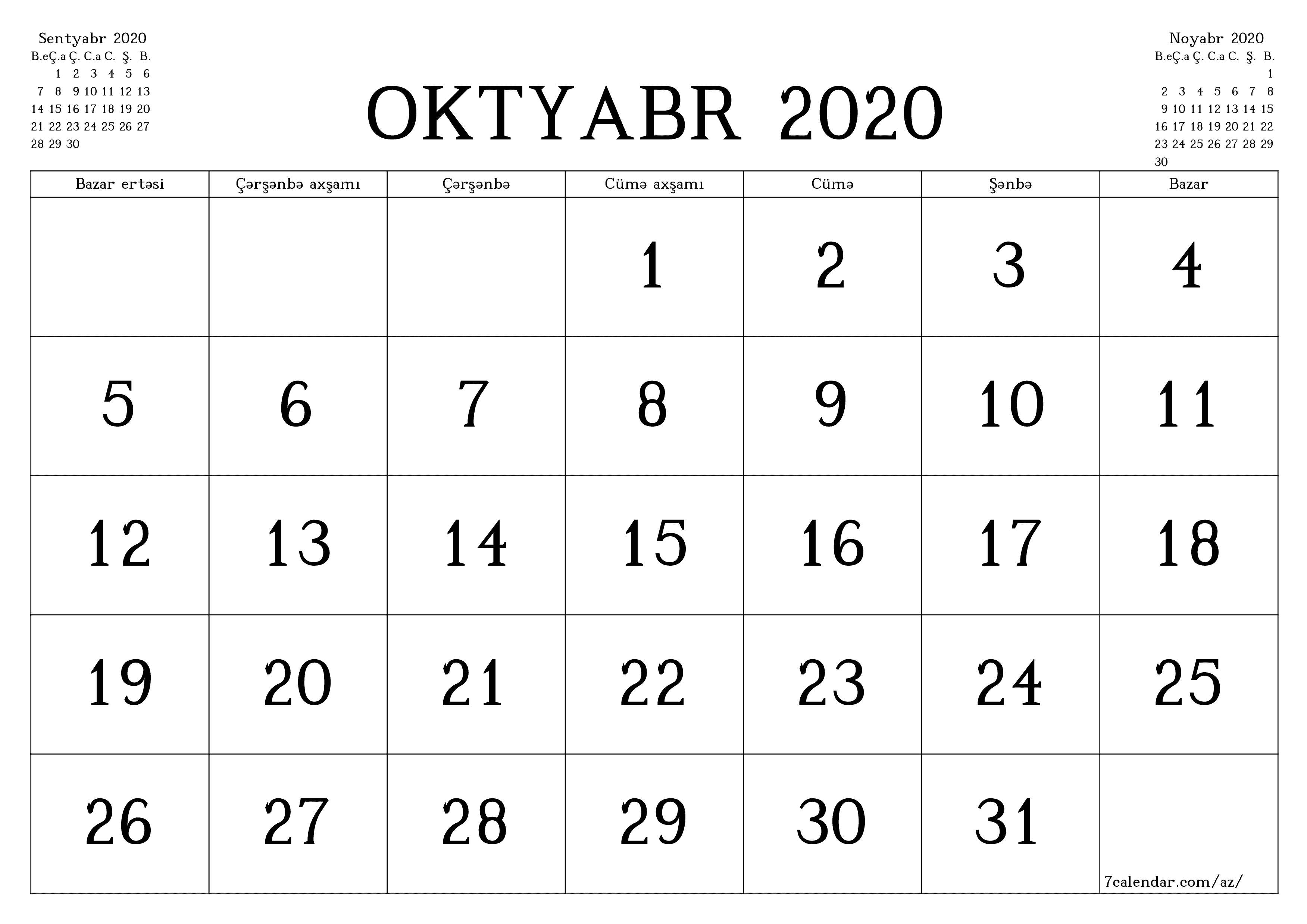 çap edilə bilən divar i şablonu pulsuz üfüqi Aylıq təqvim Oktyabr (Okt) 2020