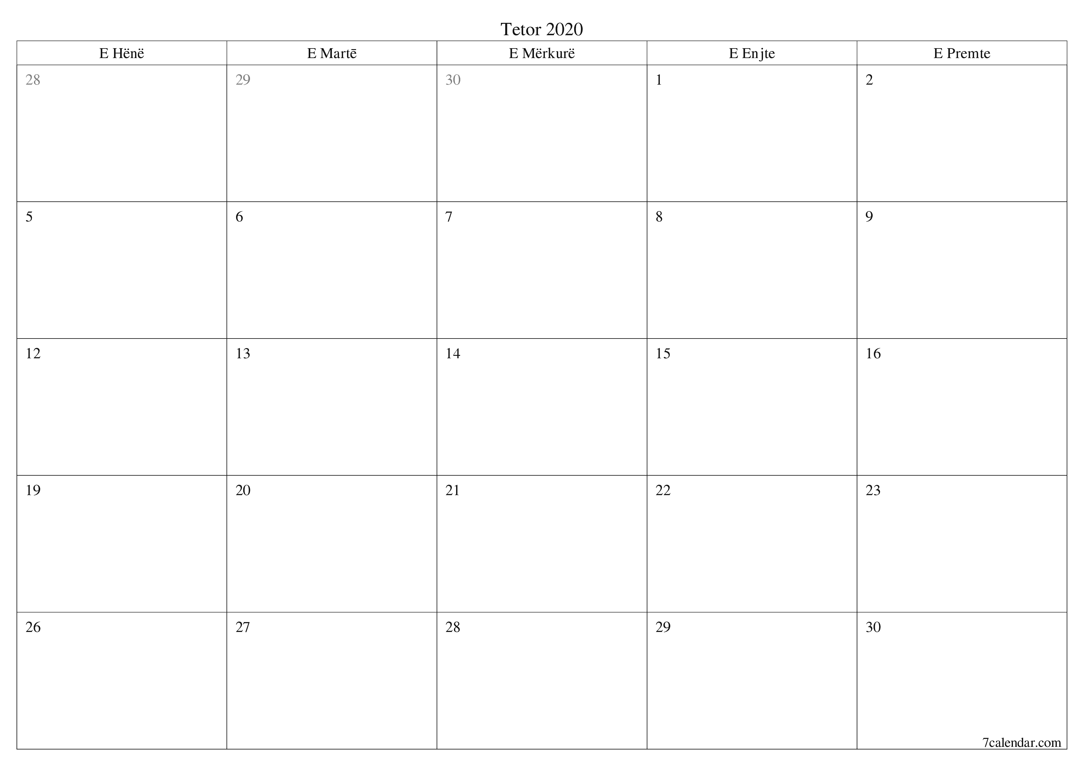  i printueshëm muri shabllon falashorizontale mujore planifikues kalendar Tetor (Tet) 2020