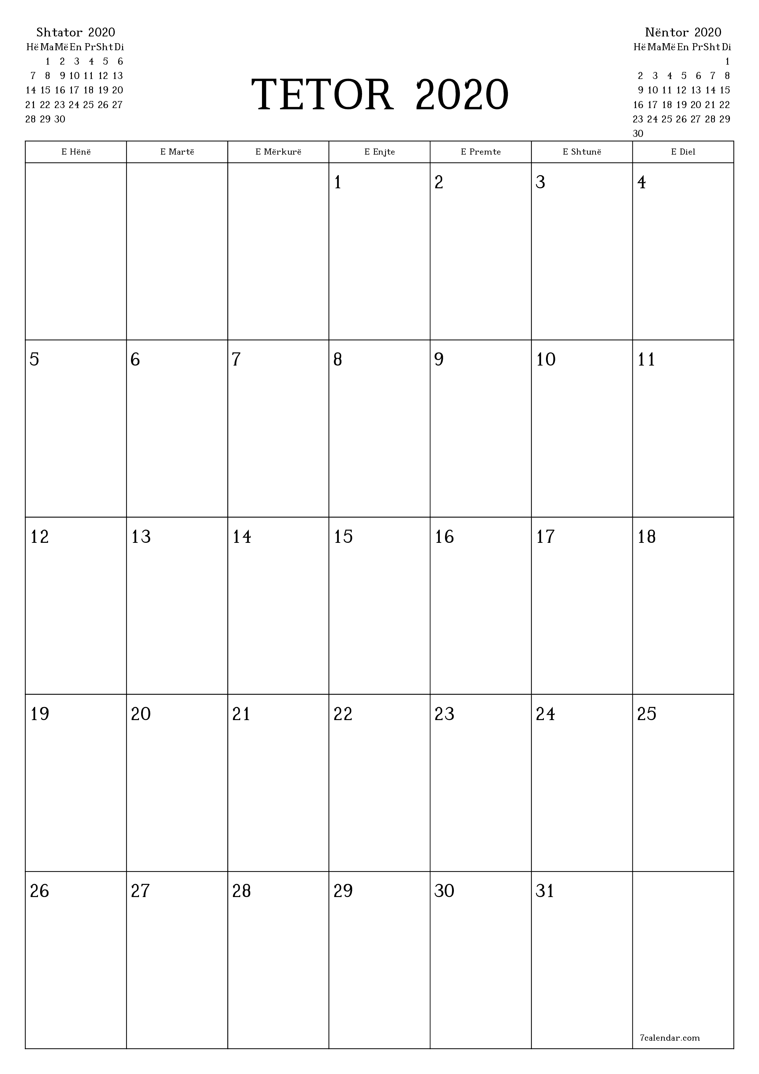  i printueshëm muri shabllon falasvertikale mujore planifikues kalendar Tetor (Tet) 2020