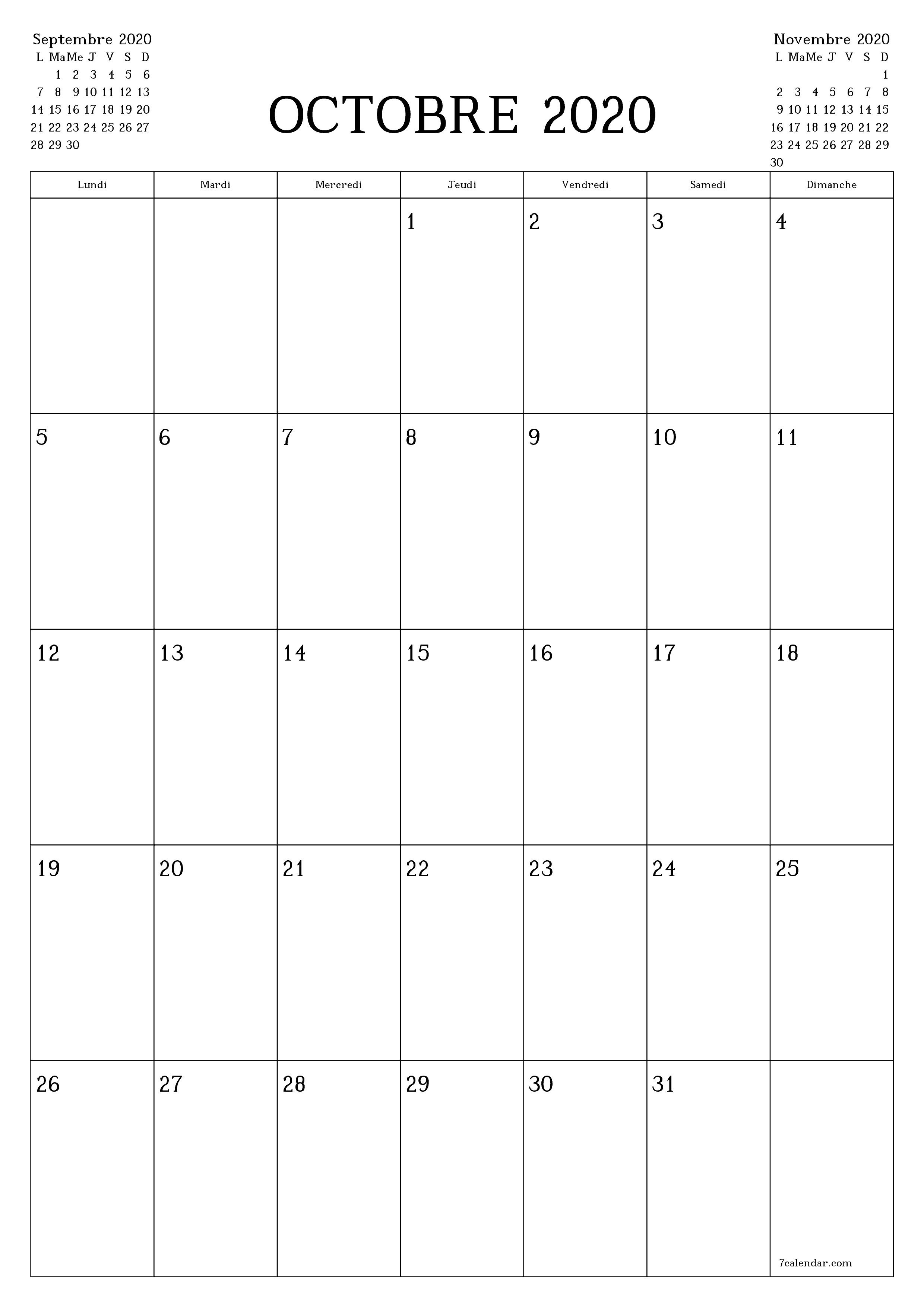 Agenda mensuel vide pour le mois Octobre 2020 avec notes, enregistrez et imprimez au format PDF PNG French