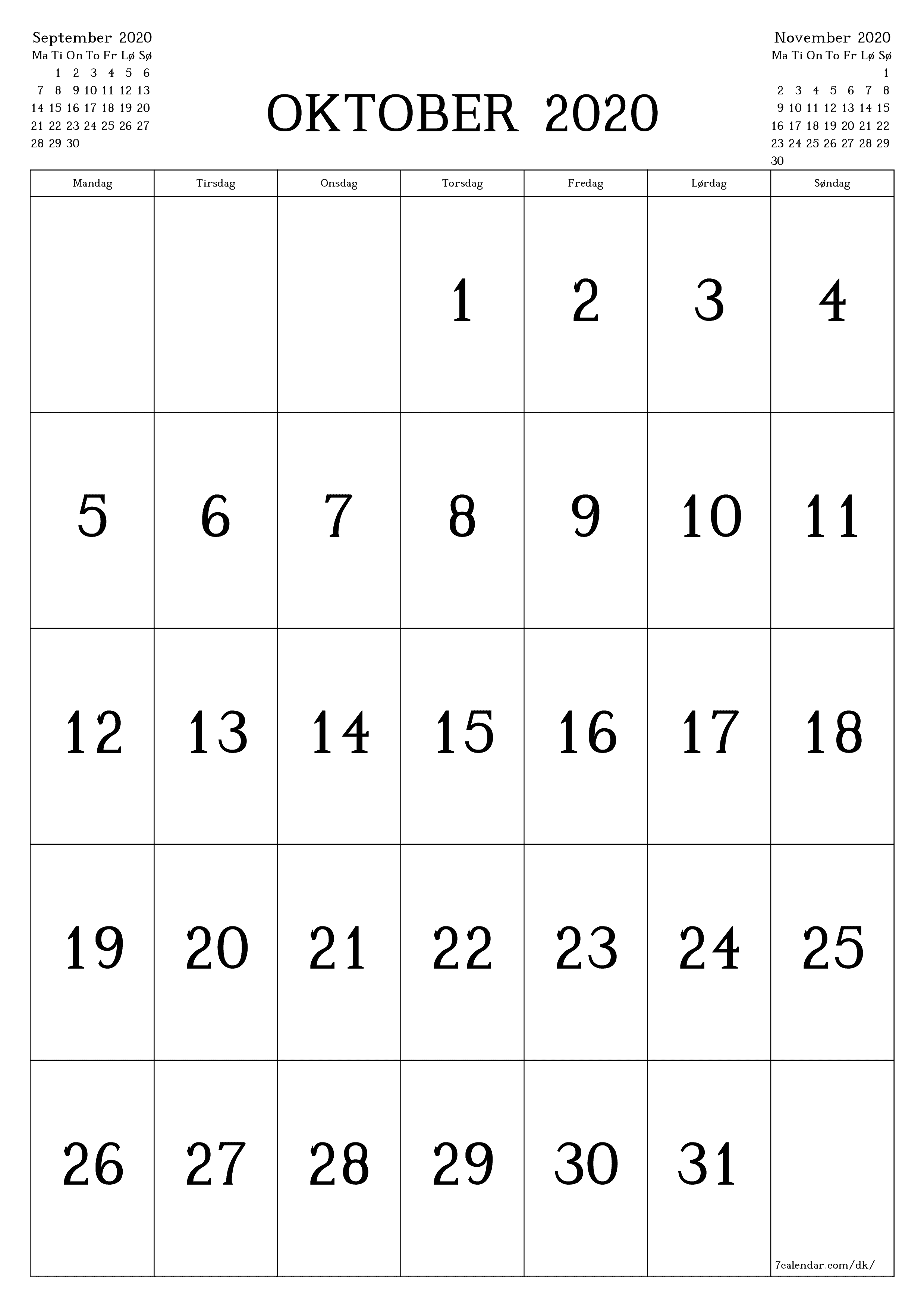 udskrivbar væg skabelon gratis lodret Månedlig kalender Oktober (Okt) 2020