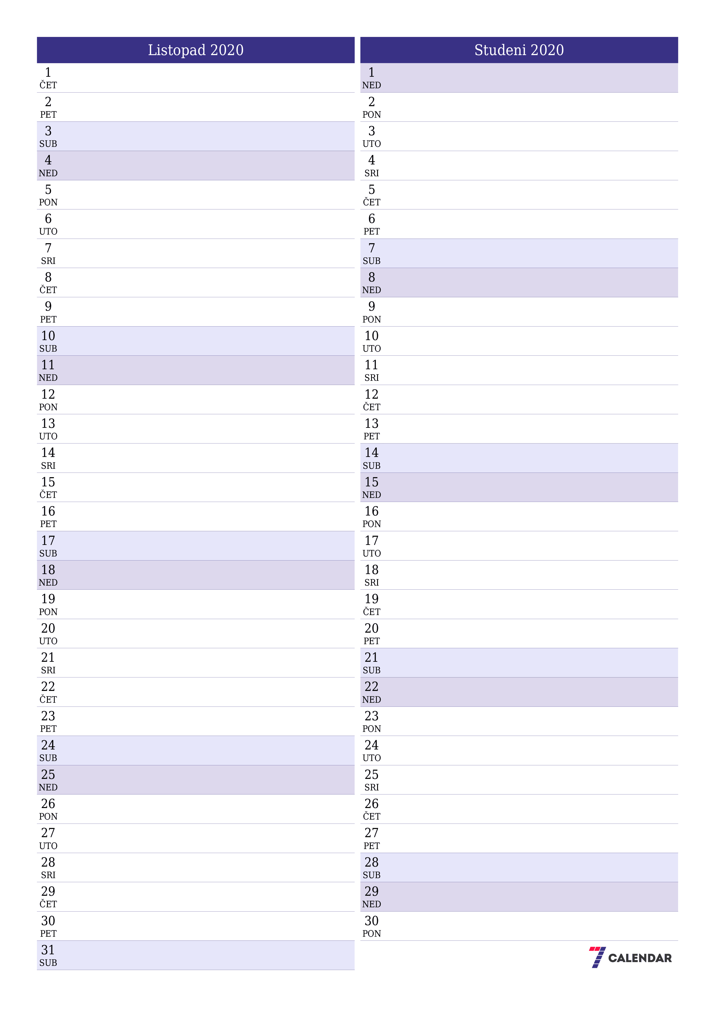 Ispraznite mjesečni planer za mjesec Listopad 2020 s bilješkama, spremite i ispišite u PDF PNG Croatian