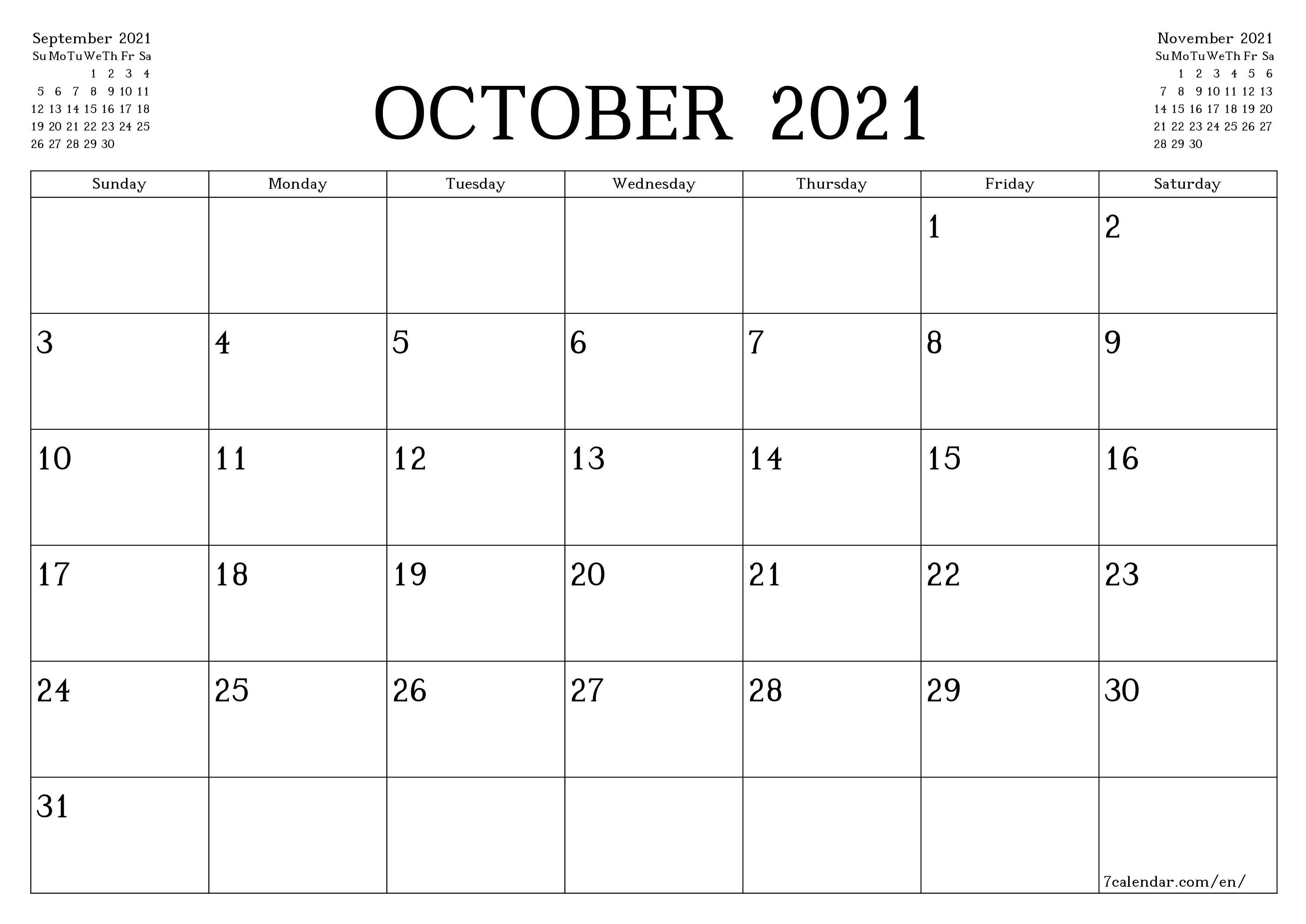 Blank monthly printable calendar and planner for month October 2021 with notes save and print to PDF PNG English - 7calendar.com