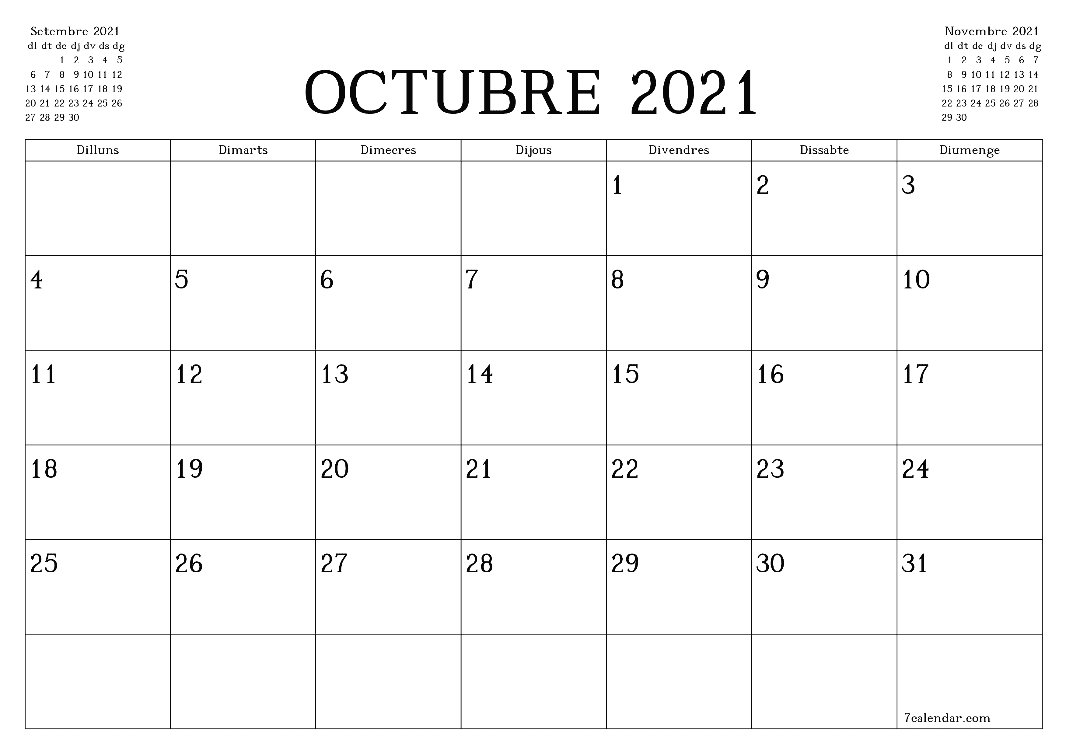 Planificador mensual buit del mes Octubre 2021 amb notes, deseu-lo i imprimiu-lo en format PDF PNG Catalan
