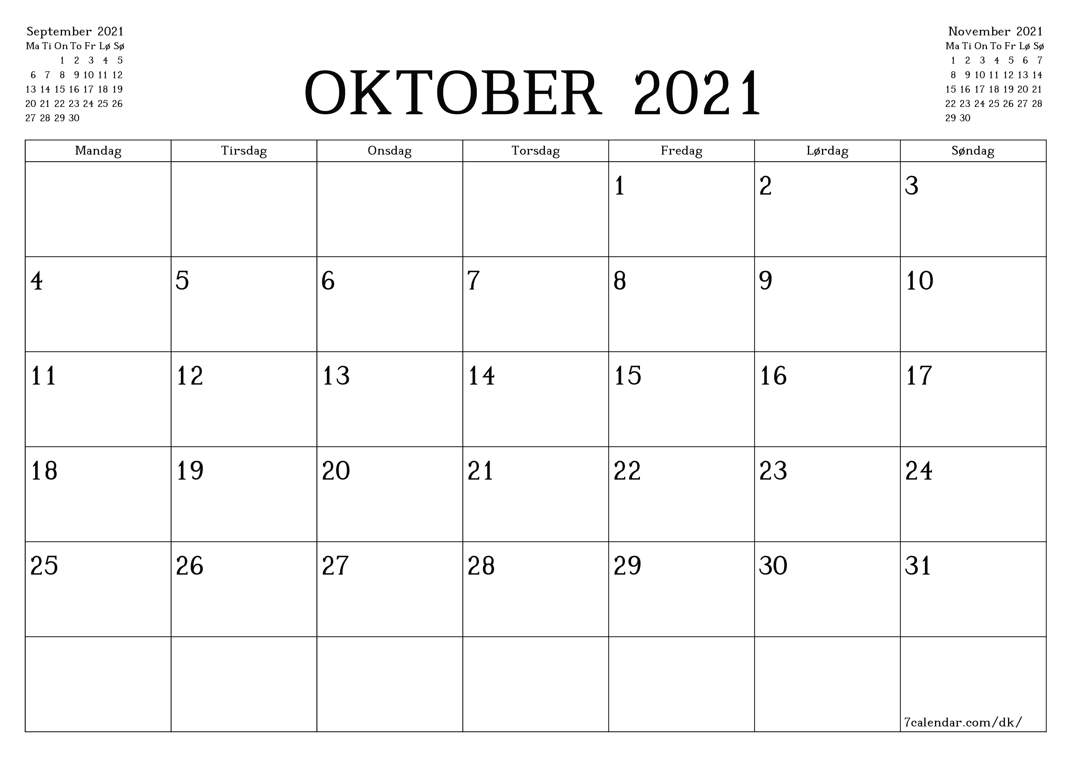 Tom månedlig planlægning for måned Oktober 2021 med noter, gem og udskriv til PDF PNG Danish